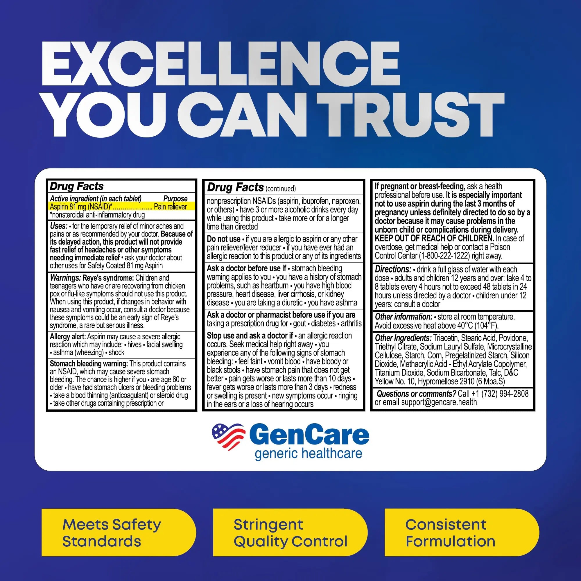 GenCare - Low Dose Aspirin 81mg for Adults Coated (NSAID) 500 Tablets | Adult Low Dose | Enteric Coated Aspirin Pills | Muscle Pain & Menstrual Pain Relief | Fever Reducer | Generic Bayer GenCareAu supplements
