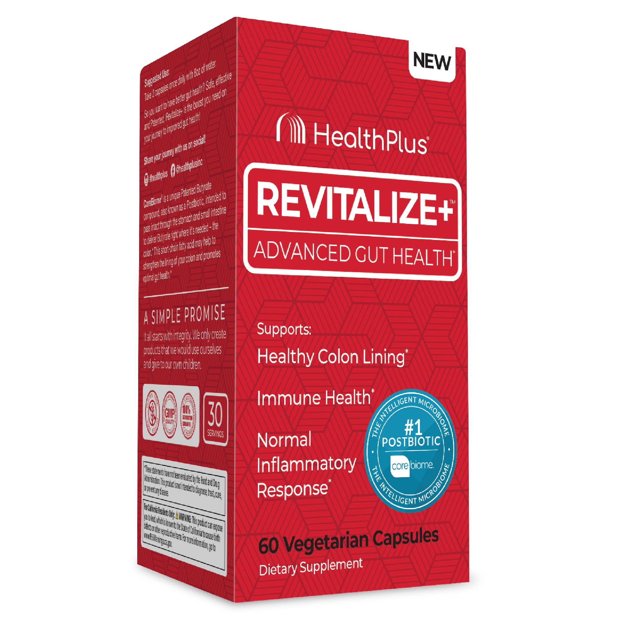 Health Plus Revitalize+ CoreBiome Butyrate Postbiotic for Complete Digestive Health, Leaky Gut & Colon | Gut Health Supplement for Men & Women | 60 Capsules, 30 Servings Health PlusAu supplements