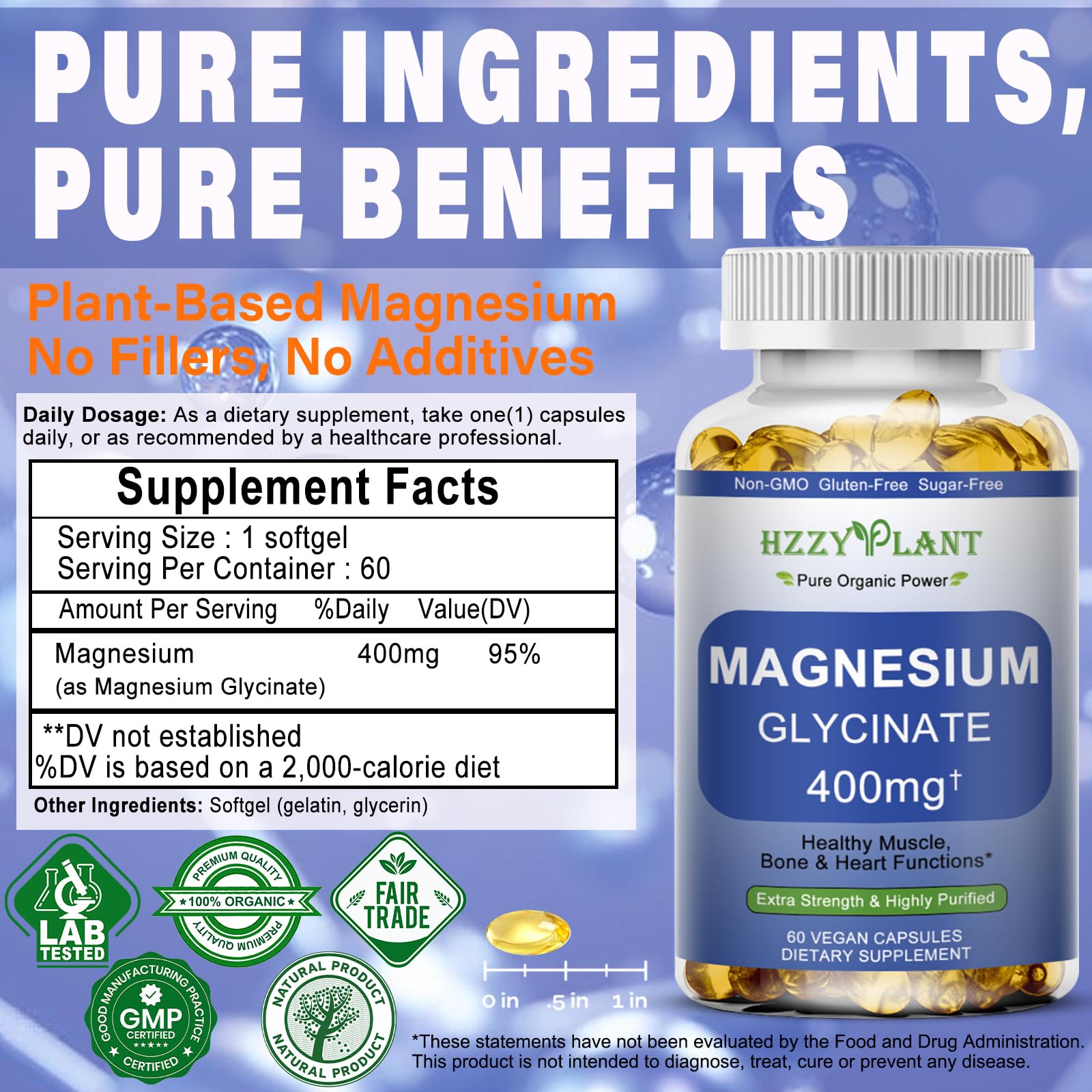 Magnesium Glycinate Softgels, High Absorption Magnesium Glycinate 400mg Supplement for Muscle, Heart, Sleep & Bone Support, Bisglycinate Softgel Capsules Supplement, Vegan, Non-GMO, 2 Month Supply HZZYPLANTAu supplements