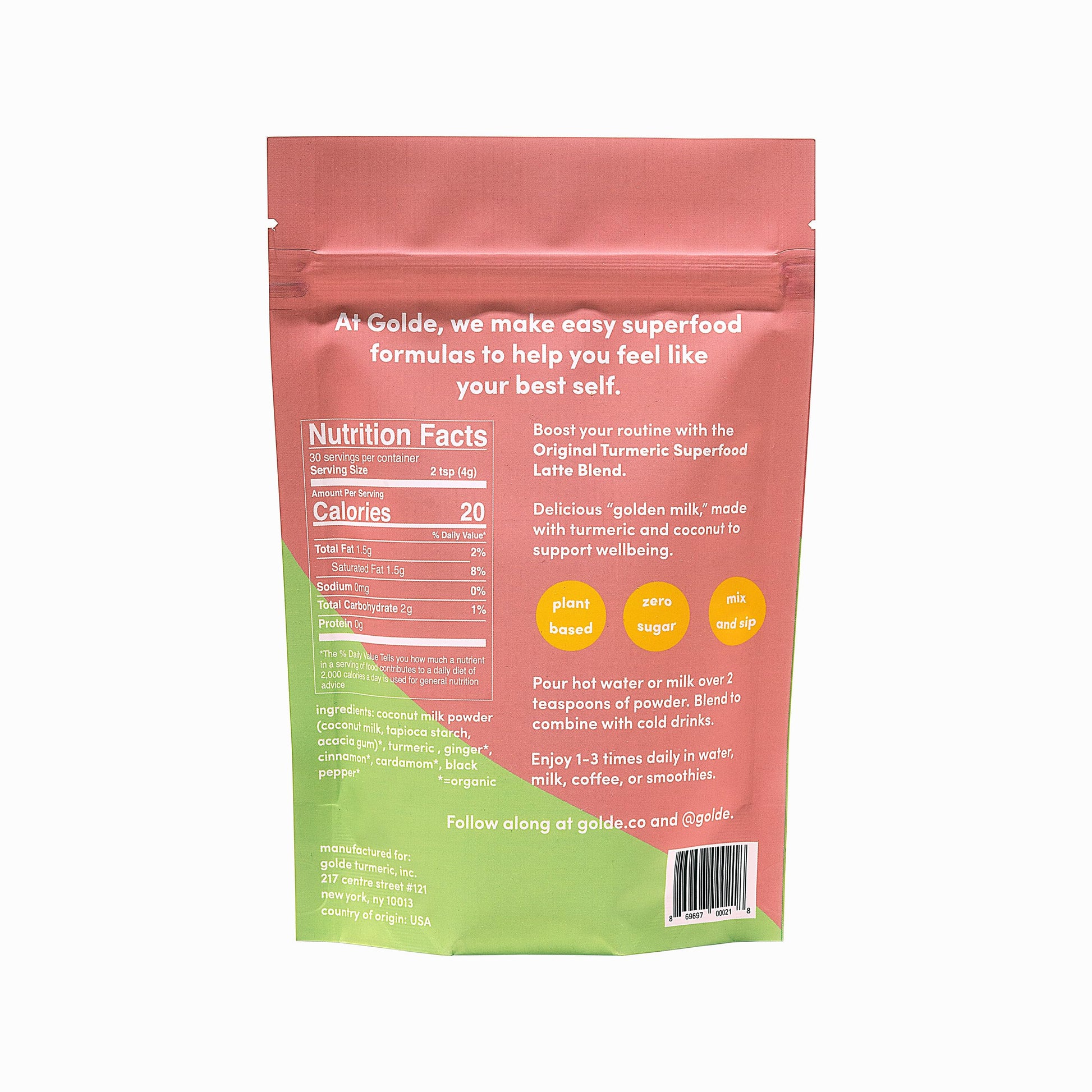 GOLDE - Superfood Latte Blend - Original Turmeric - Plant-Based w/Coconut, & Ginger - Vegan, Keto, Sugar-Free - 30 Servings GOLDEAu supplements