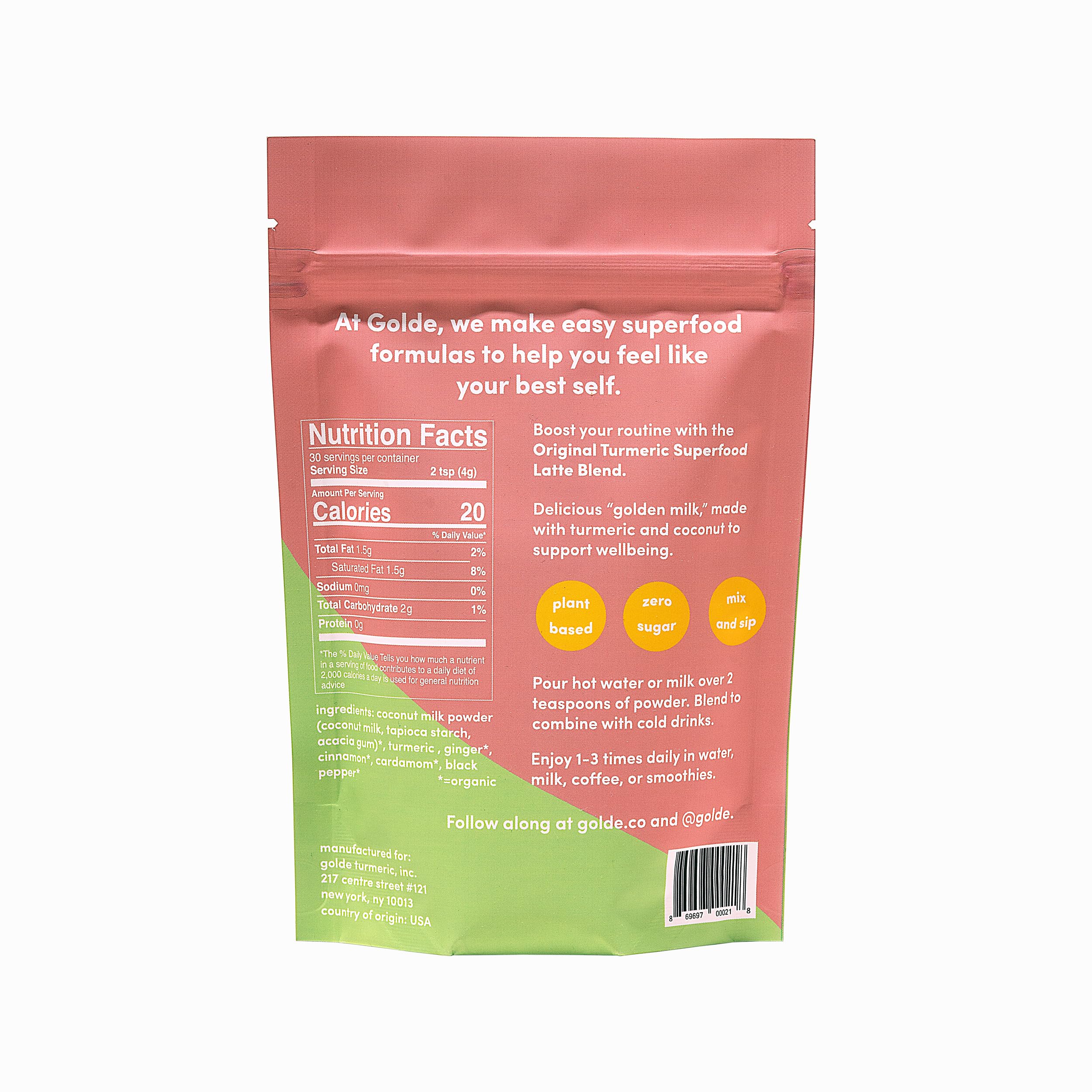 GOLDE - Superfood Latte Blend - Original Turmeric - Plant-Based w/Coconut, & Ginger - Vegan, Keto, Sugar-Free - 30 Servings GOLDEAu supplements