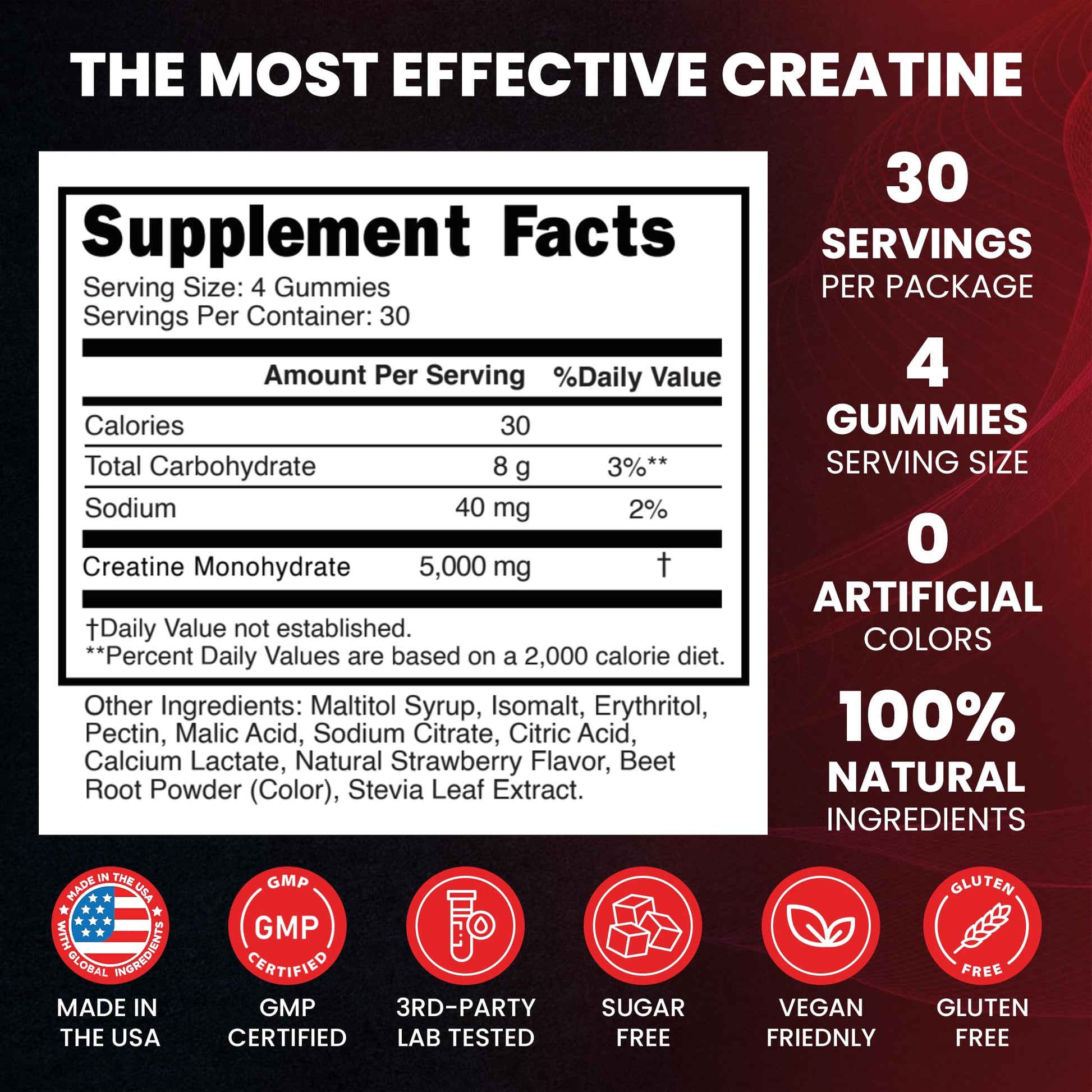 Creatine Monohydrate 5000mg Gummies, Pre-Workout 5g Creatine Gummy Supplement for Men & Women: Muscle Builder & Energy Boost, Sugar Free, Vegan, Strawberry Flavor, (120 Count) Made in USA Nature's EvergreenAu supplements