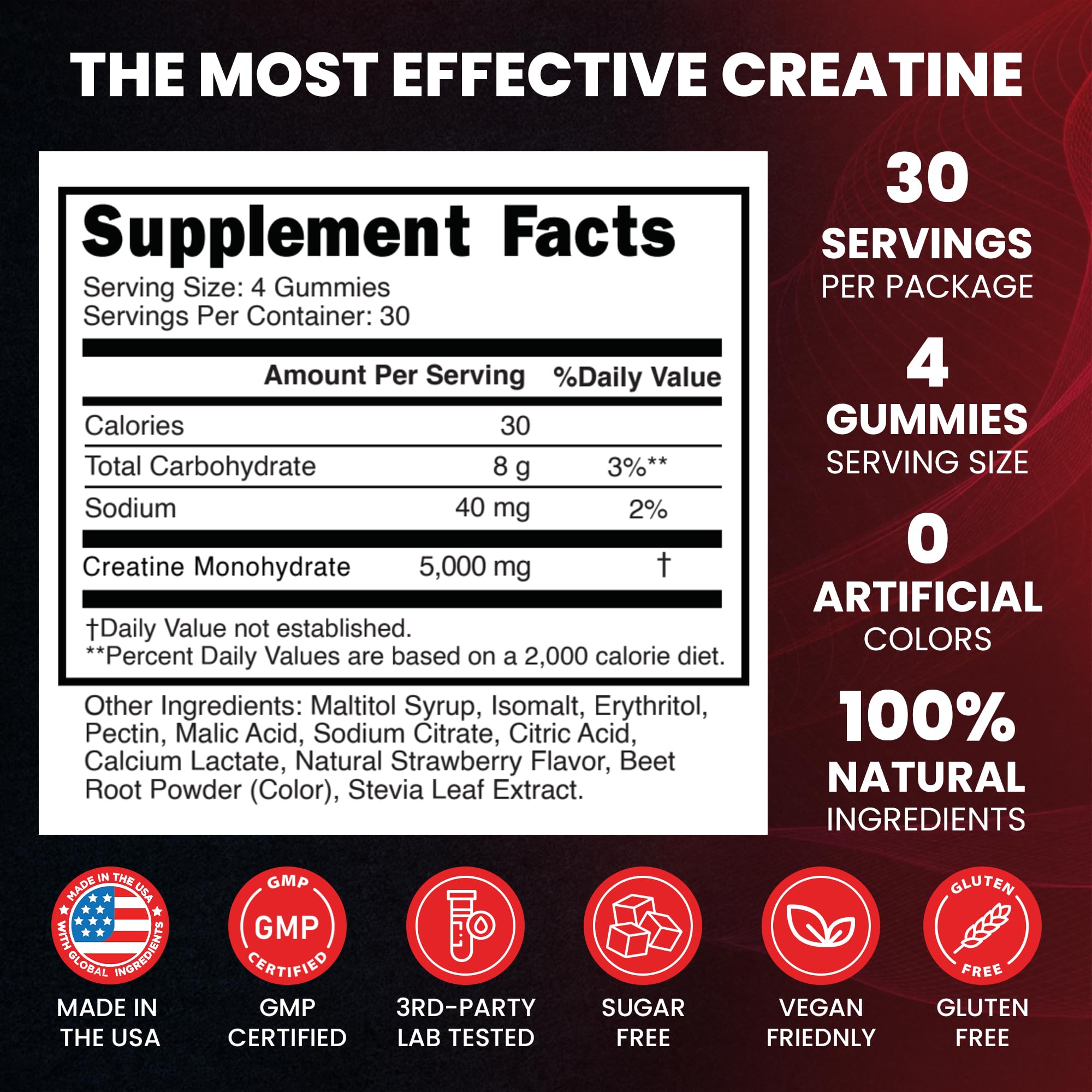 Creatine Monohydrate 5000mg Gummies, Pre-Workout 5g Creatine Gummy Supplement for Men & Women: Muscle Builder & Energy Boost, Sugar Free, Vegan, Strawberry Flavor, (120 Count) Made in USA Nature's EvergreenAu supplements