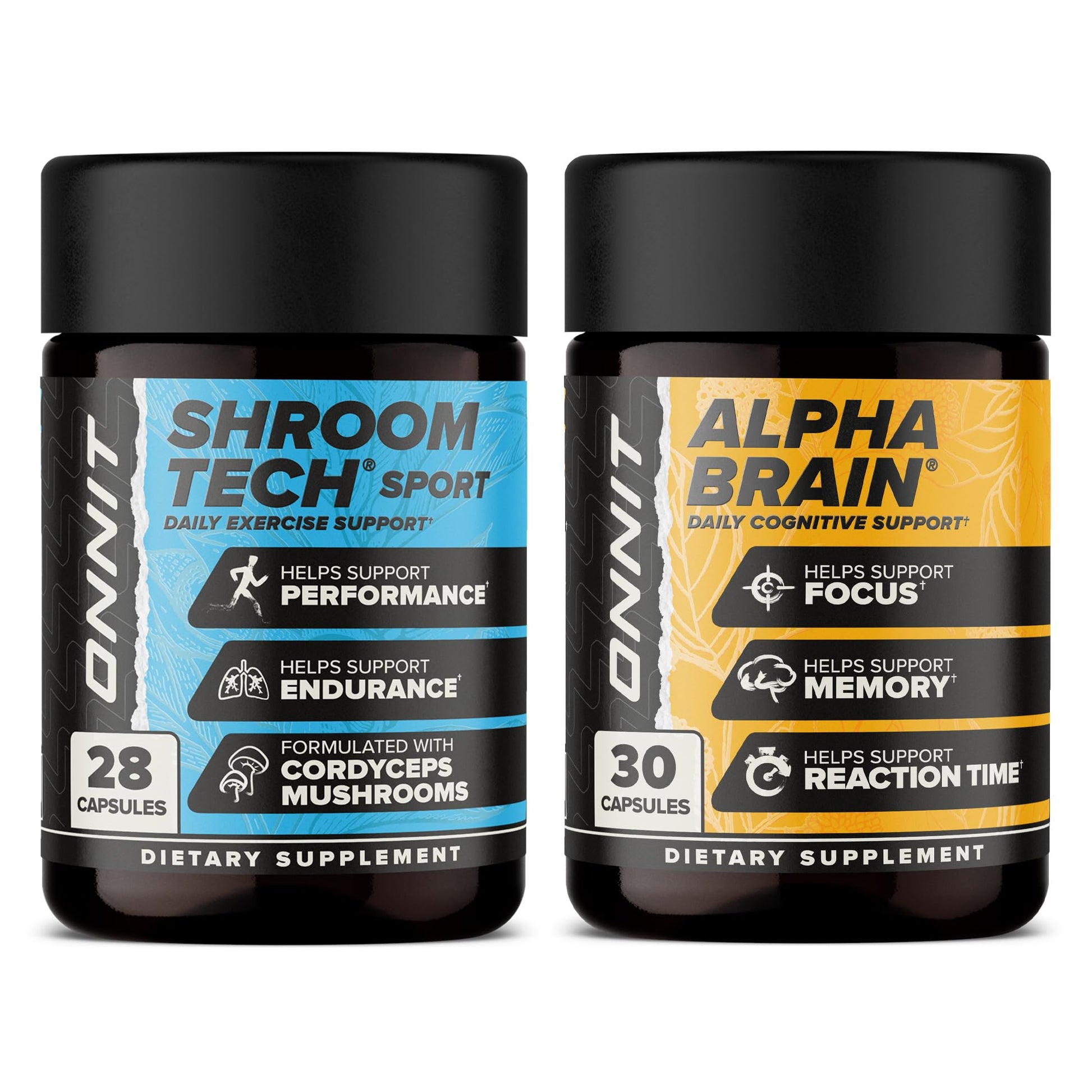 ONNIT Cognitive & Endurance Support Bundle: Alpha Brain Nootropic Capsules (30 Count) + Shroom Tech Sport Exercise Support Capsules (28 Count), IGEN Non-GMO Tested Focus, Energy & Endurance, 2 Pack ONNITAu supplements