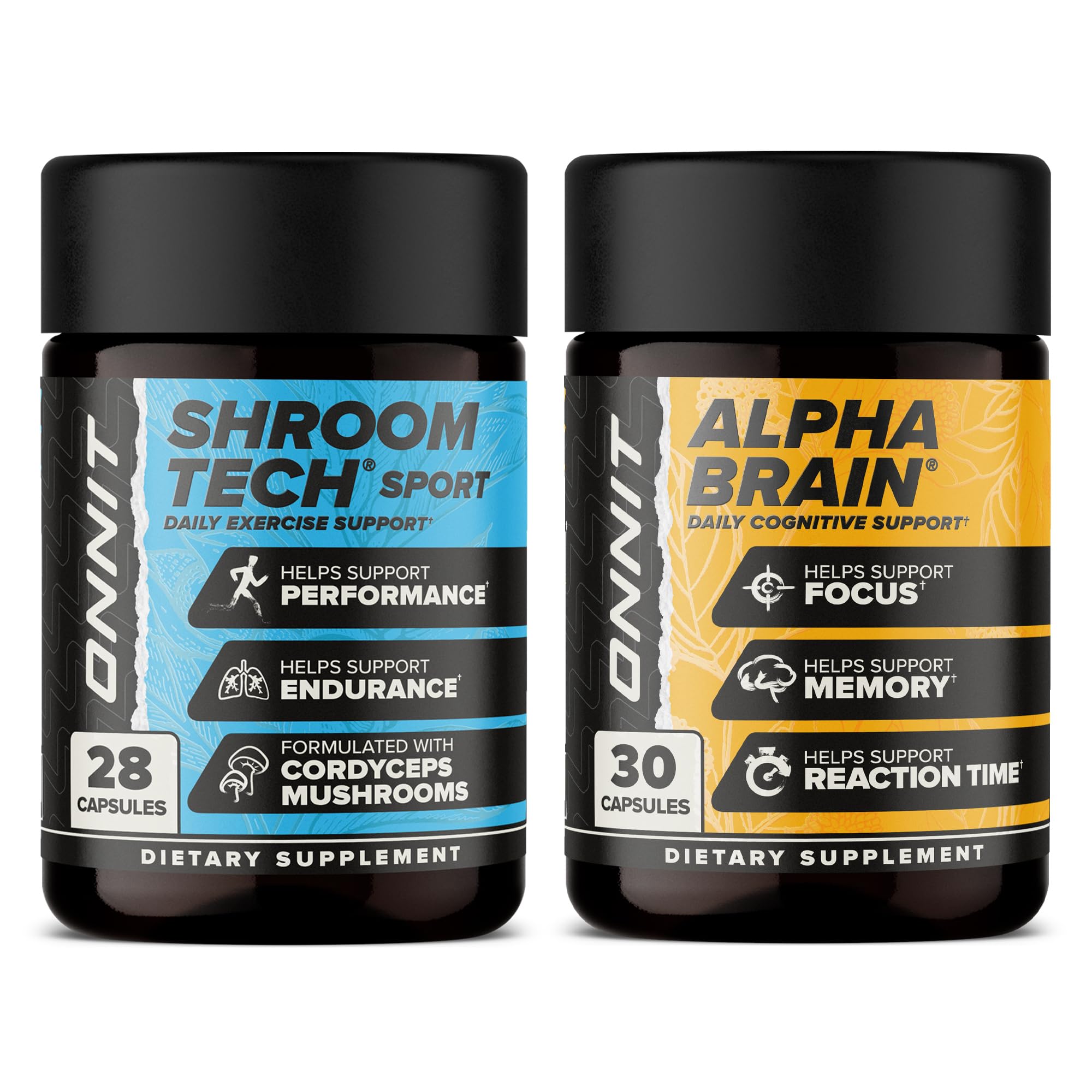 ONNIT Cognitive & Endurance Support Bundle: Alpha Brain Nootropic Capsules (30 Count) + Shroom Tech Sport Exercise Support Capsules (28 Count), IGEN Non-GMO Tested Focus, Energy & Endurance, 2 Pack ONNITAu supplements