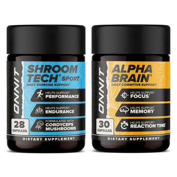 ONNIT Cognitive & Endurance Support Bundle: Alpha Brain Nootropic Capsules (30 Count) + Shroom Tech Sport Exercise Support Capsules (28 Count), IGEN Non-GMO Tested Focus, Energy & Endurance, 2 Pack ONNITAu supplements