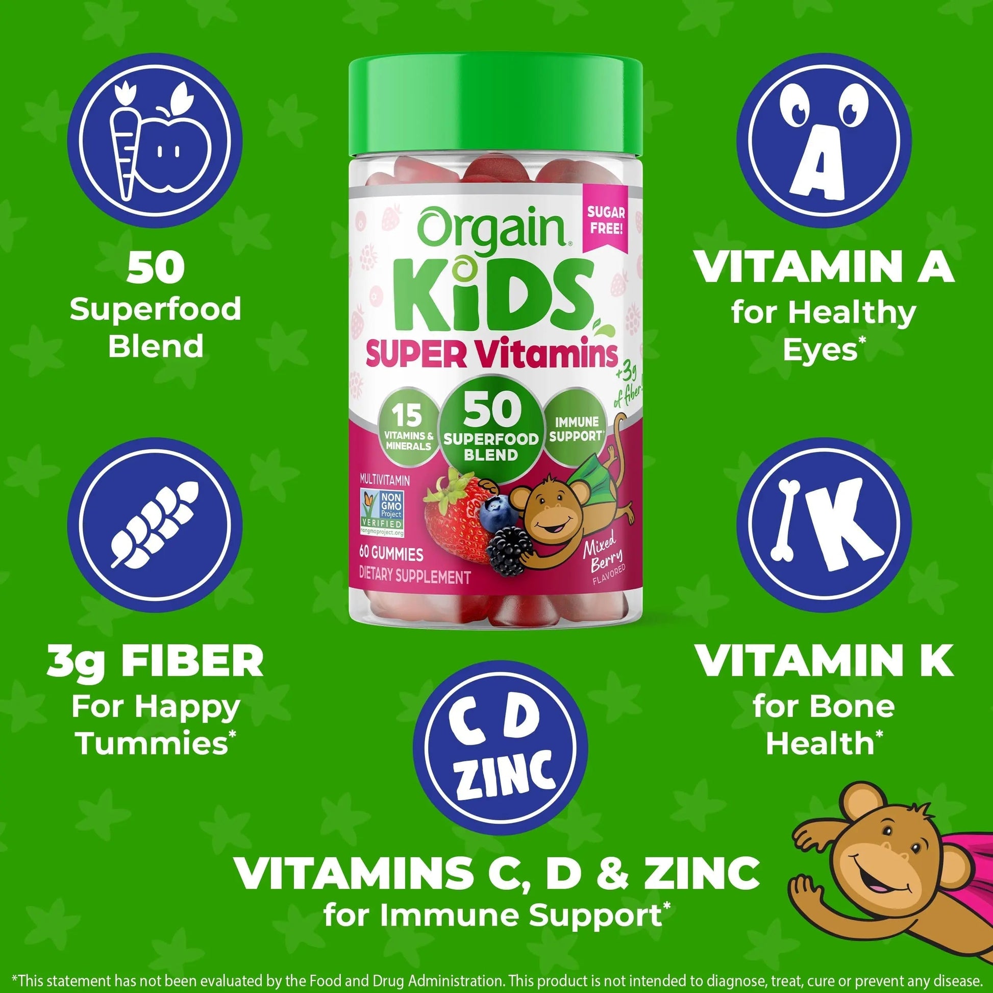 Orgain Kids Sugar Free Multivitamin Gummies, Vegan & Plant Based, 50 Superfoods, 15 Vitamins and Minerals, Immune Support and 3g of Fiber OrgainAu supplements