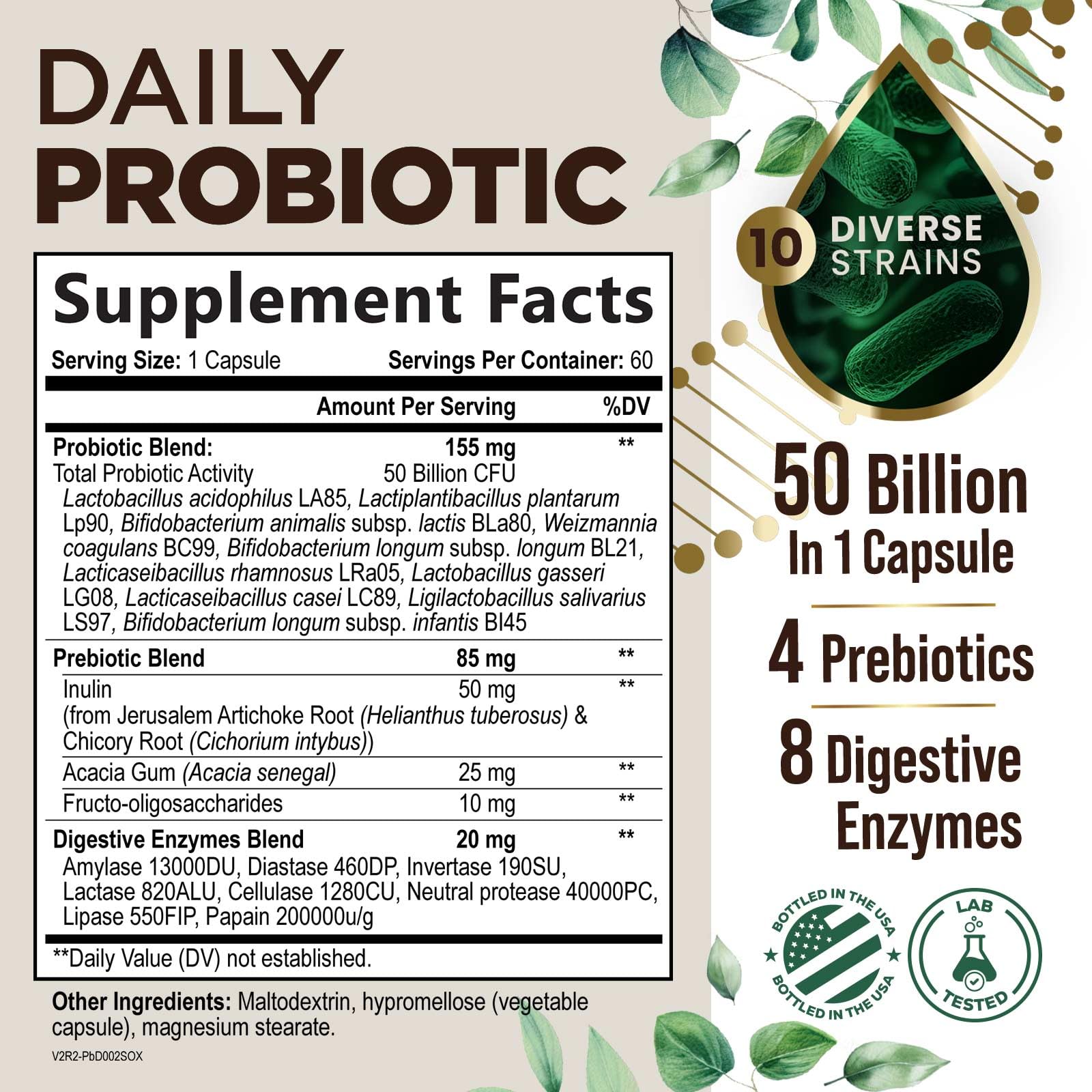 Probiotics 50 Billion CFU per Serving - 10 Strains + Prebiotics - Digestive Health, Gut & Immune Support - Occasional Constipation, Gas & Bloating Support for Women & Men, Bottled USA - 60 Capsules Health Nutrition NaturalsAu supplements