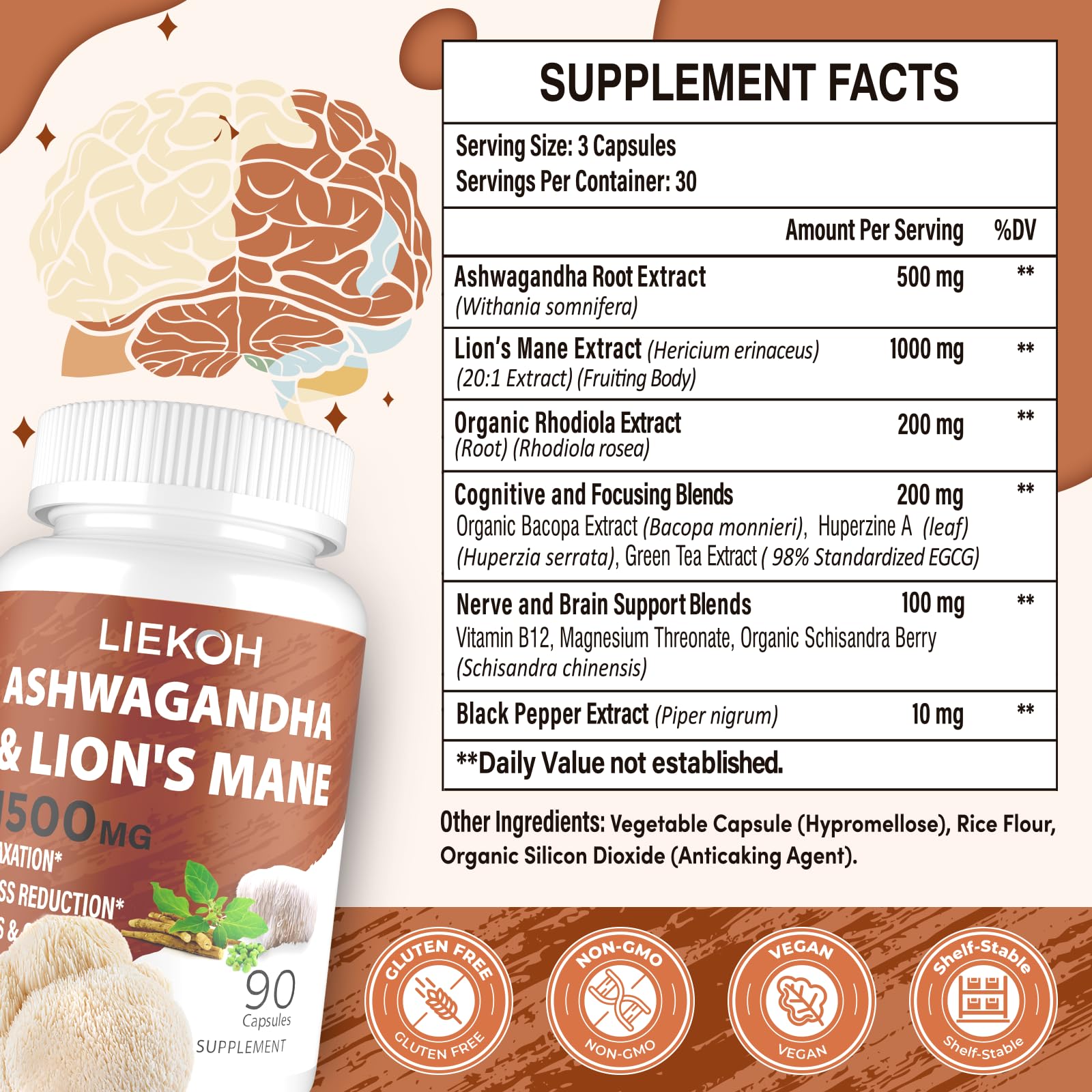Liekoh Ashwagandha & Lions Mane Supplement Capsules, Brain Supplements for Memory and Focus, Ashwagandha Supplement with Rhodiola & Black Peppe, Cortisol Supplements for Women & Men,90 Caps LiekohAu supplements