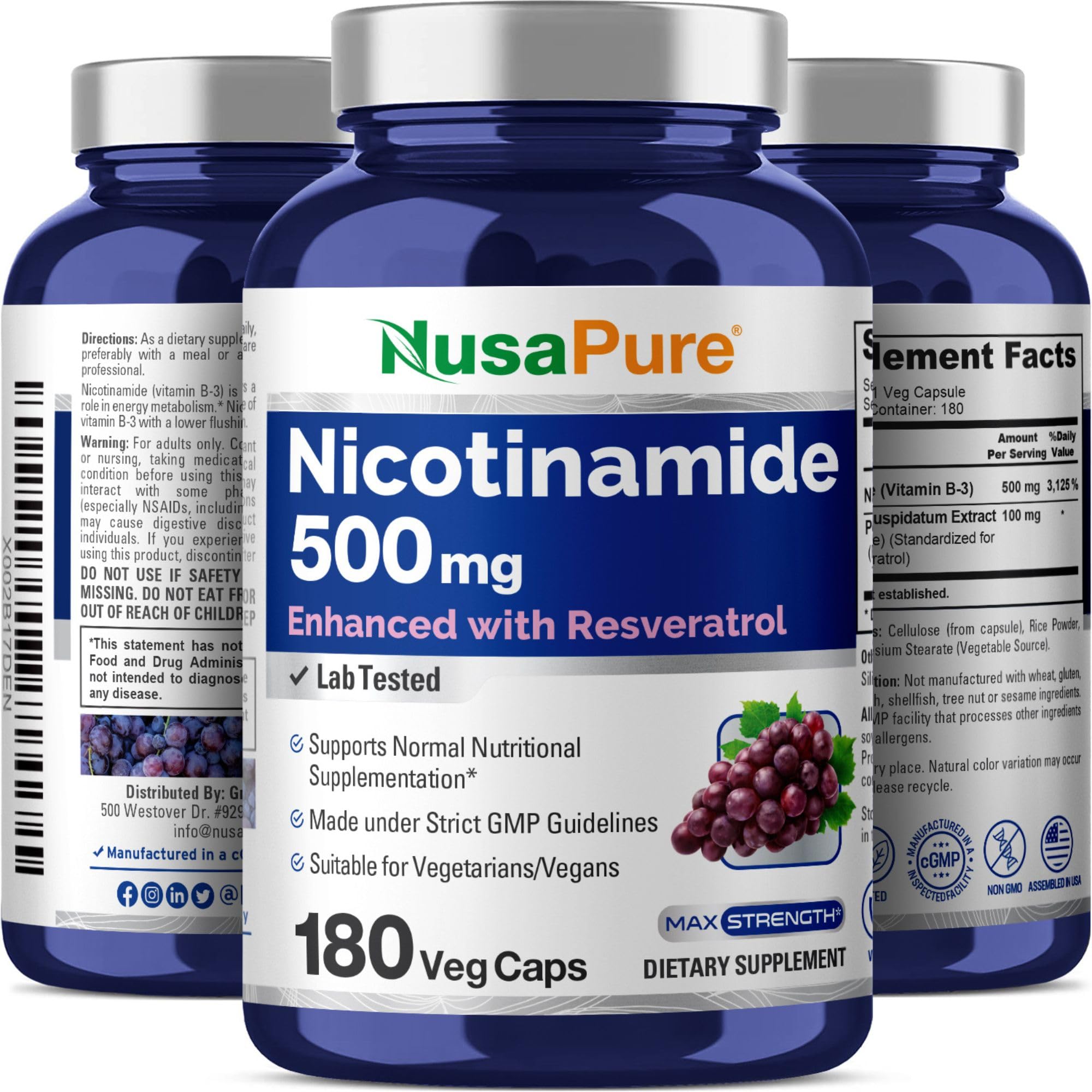 NusaPure Nicotinamide with Resveratrol (Vitamin B-3) 500 mg - 180 Vegetarian Caps (Non-GMO & Vegan) NusaPureAu supplements