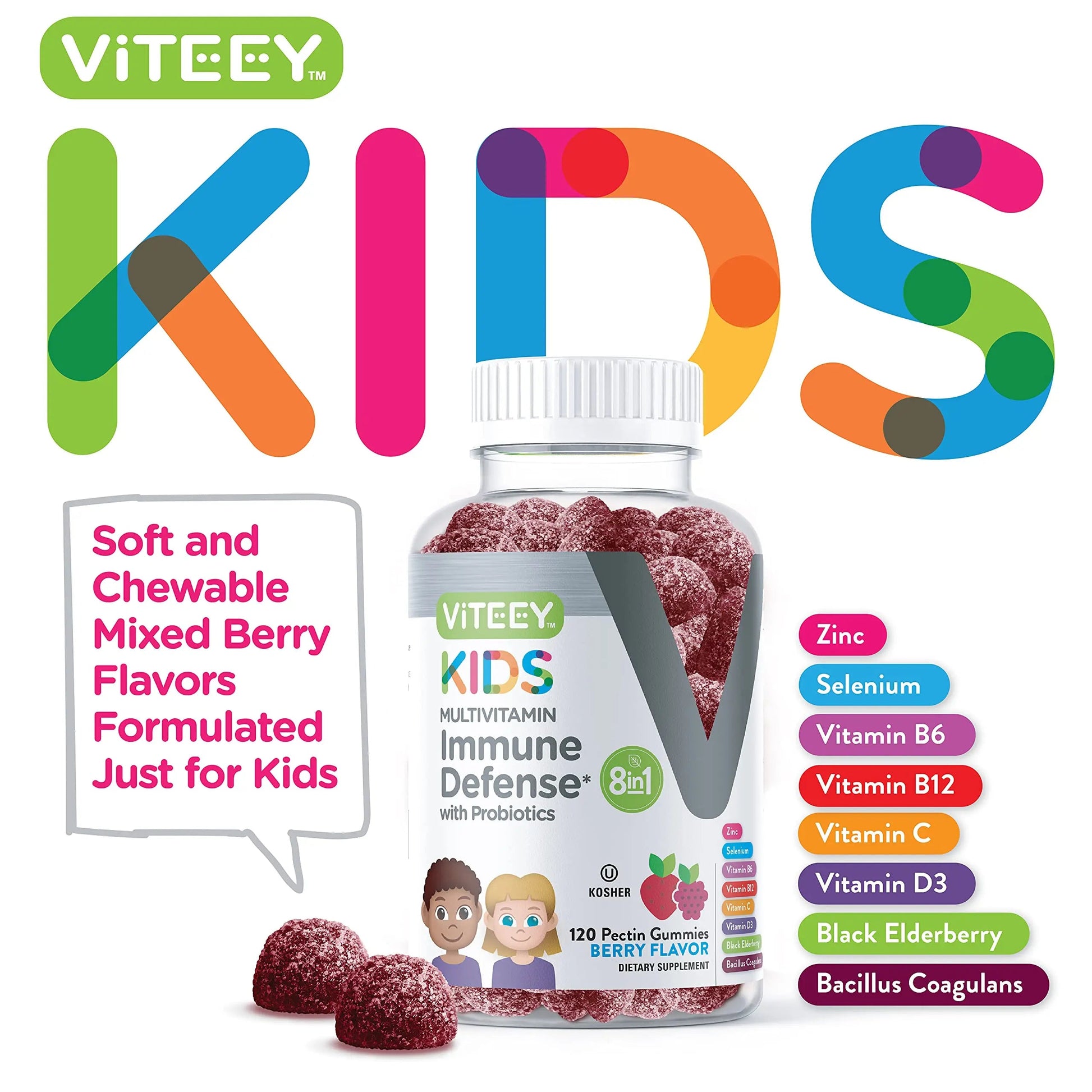 Viteey Kids Multivitamin Gummies with Probiotics - 8-1 Kids Vitamins for Immune Health Support with Vitamin C, D3, B12, B6 ViteeyAu supplements