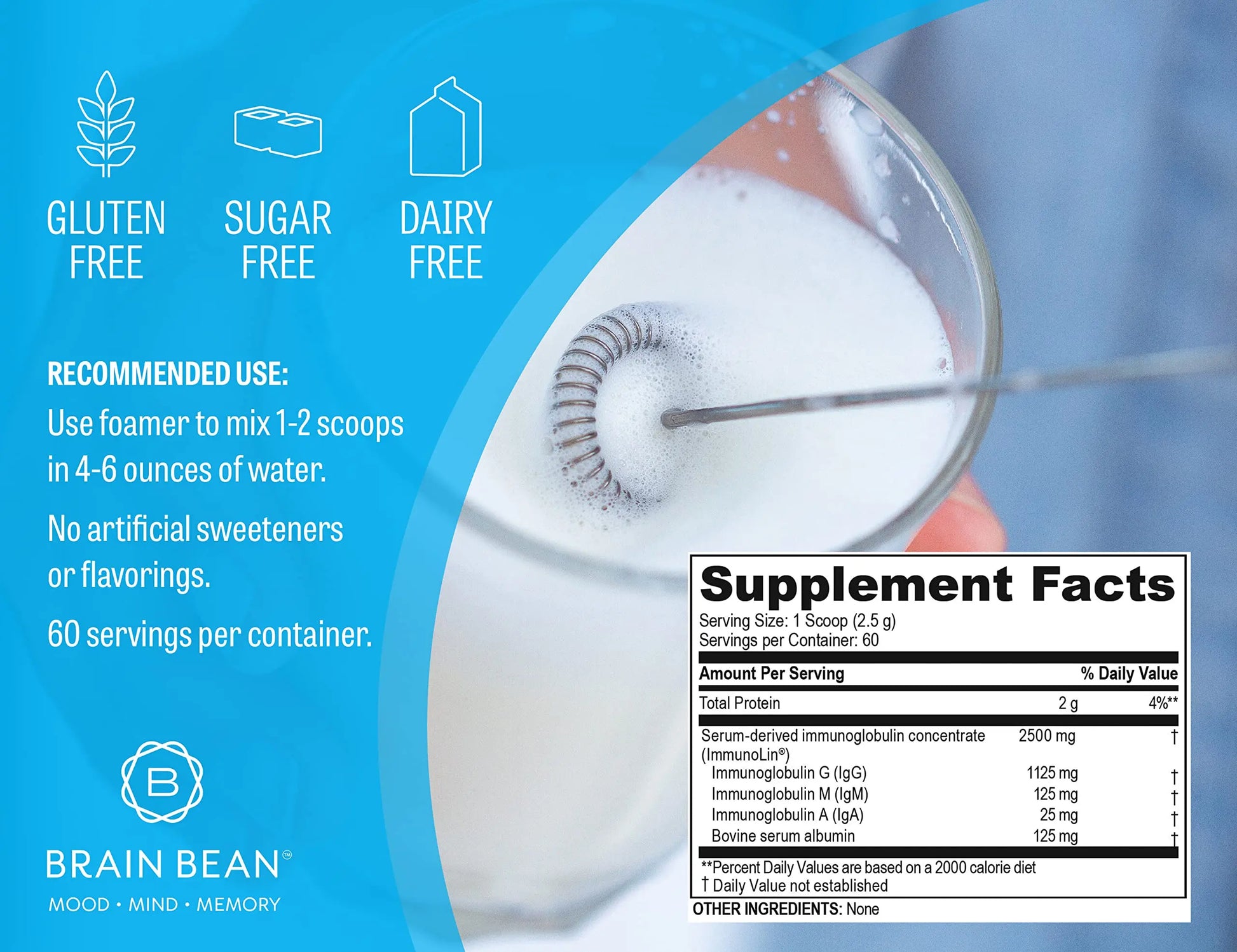 Brain Basics Ultra Pure IgG Supplement - Dairy-Free Supplement IgG-Immunolin Powder, Blended Vitamin & Mineral Supplements, 150g, 60 Servings Brain BeanAu supplements