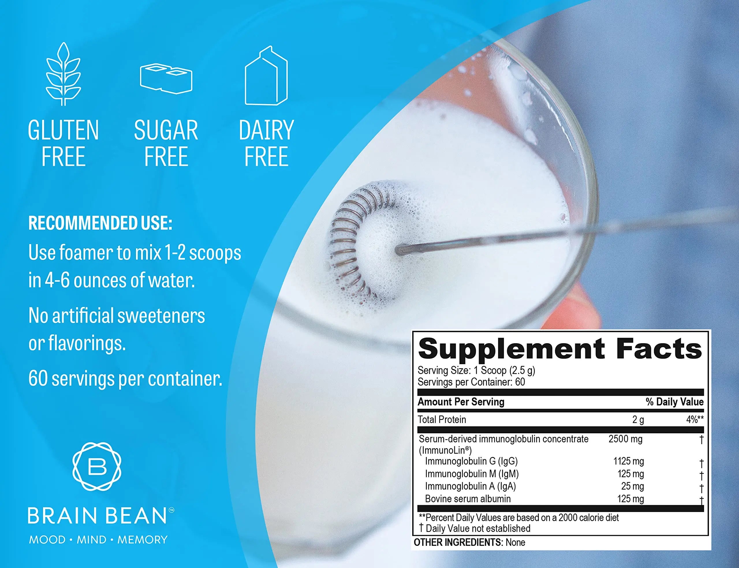 Brain Basics Ultra Pure IgG Supplement - Dairy-Free Supplement IgG-Immunolin Powder, Blended Vitamin & Mineral Supplements, 150g, 60 Servings Brain BeanAu supplements