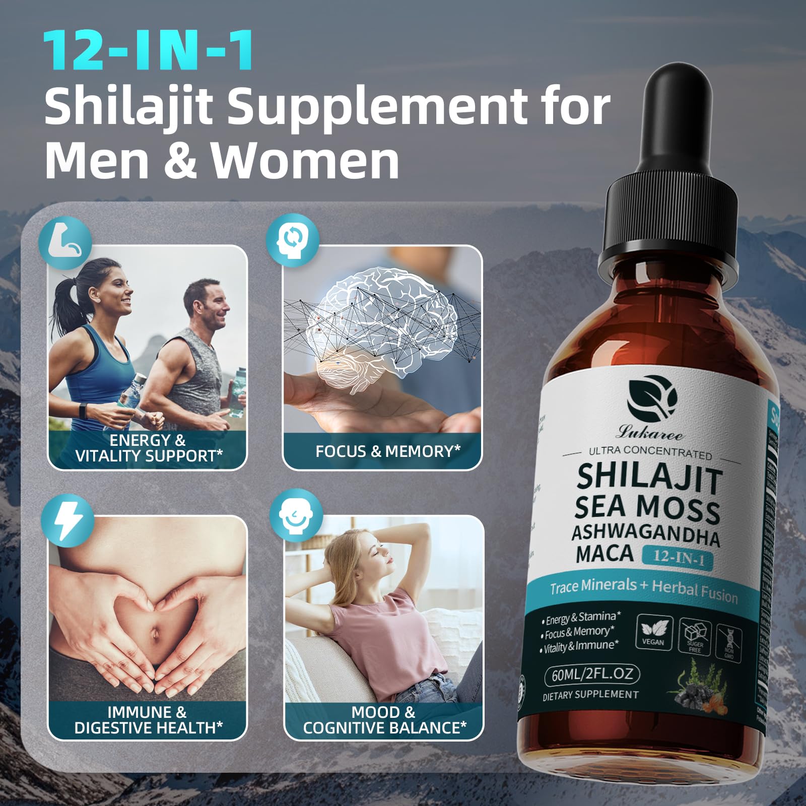 Shilajit Liquid Drops, 12-in-1 Complex - Sea Moss, Ashwagandha, Maca, Fulvic Acid, Trace Minerals, Liquid Vitamins Supplement for Men and Women, Energy, Antioxidant, Immune Support, 60ML/2 FL Oz LukareeAu supplements