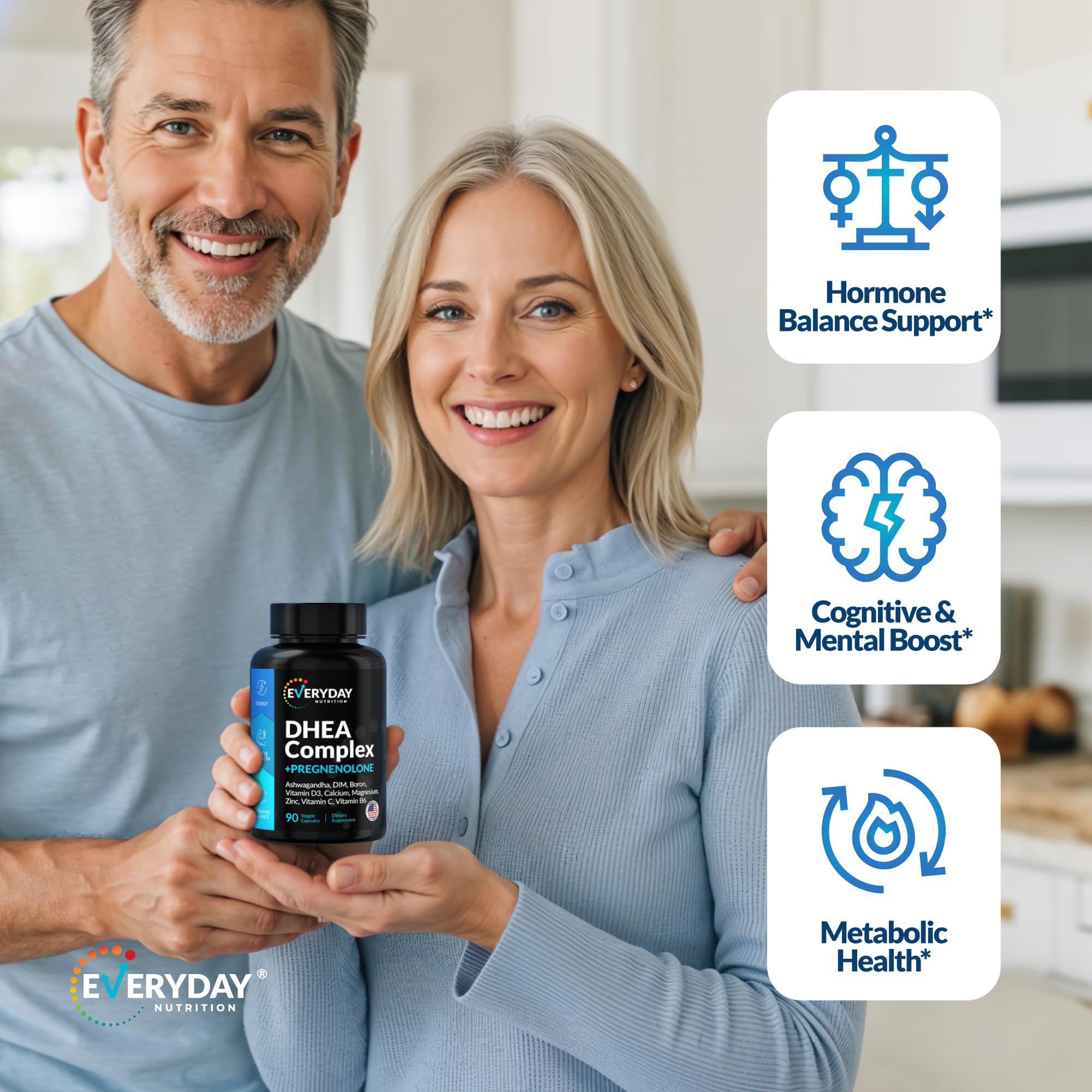 DHEA Micronized 200mg Complex with Pregnenolone 100mg Supplement for Men & Women with Ashwagandha, DIM, Magnesium, Boron, Calcium , Zinc, Vitamin D3, C and B6 Hormone Support - Made in USA 90 Capsules EVERYDAY NUTRITIONAu supplements