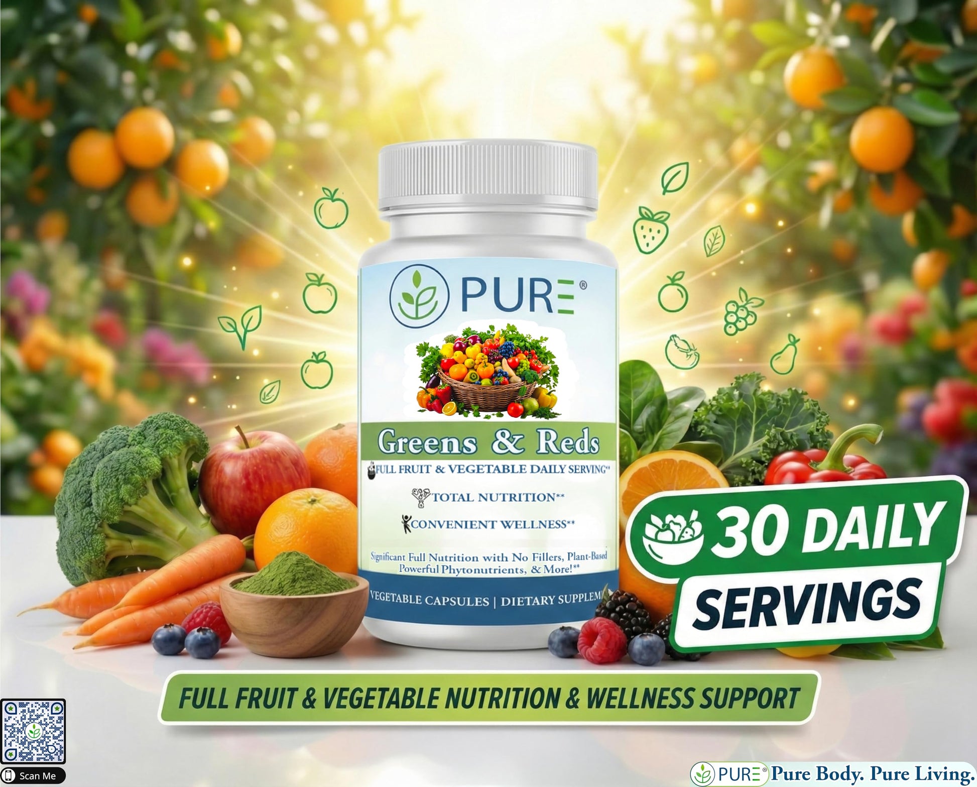 PURE® Greens & Reds Capsules - 30 Servings - 9 Daily Servings of Fruits & Vegetables in 1 Capsule - PhytoServ® Superfood Blend with Broccoli, Kale & Berries - Plant-Based Phytonutrient Shield PUREAu supplements