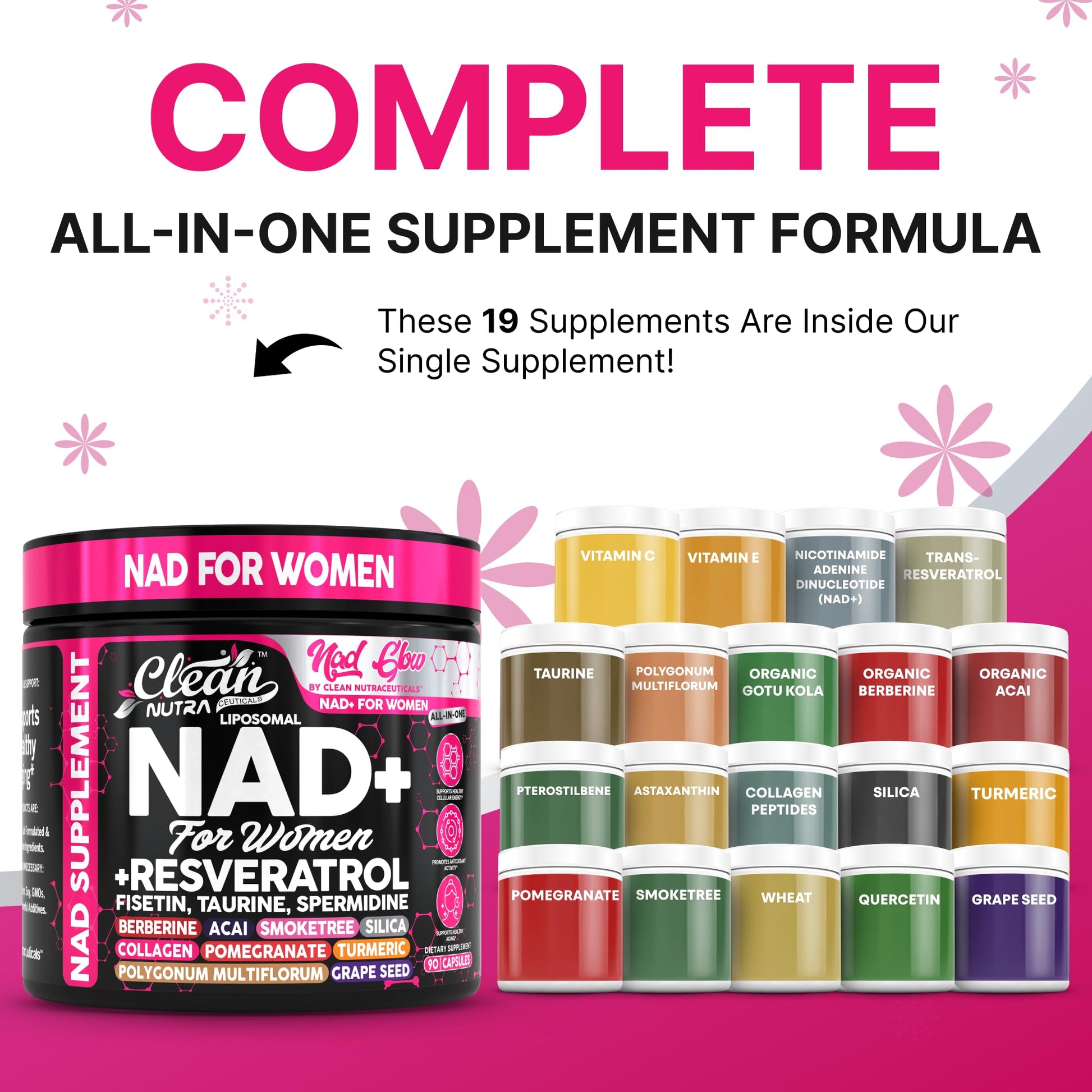 NAD+ Resveratrol Supplement for Women NAD Turmeric Vitamin C Acai Pomegranate Collagen Peptides Nicotinamide Riboside Fisetin Vitamin E Polygonum Multiflorum Berberine 90 Capsules by Clean Nutra Clean NutraceuticalsAu supplements