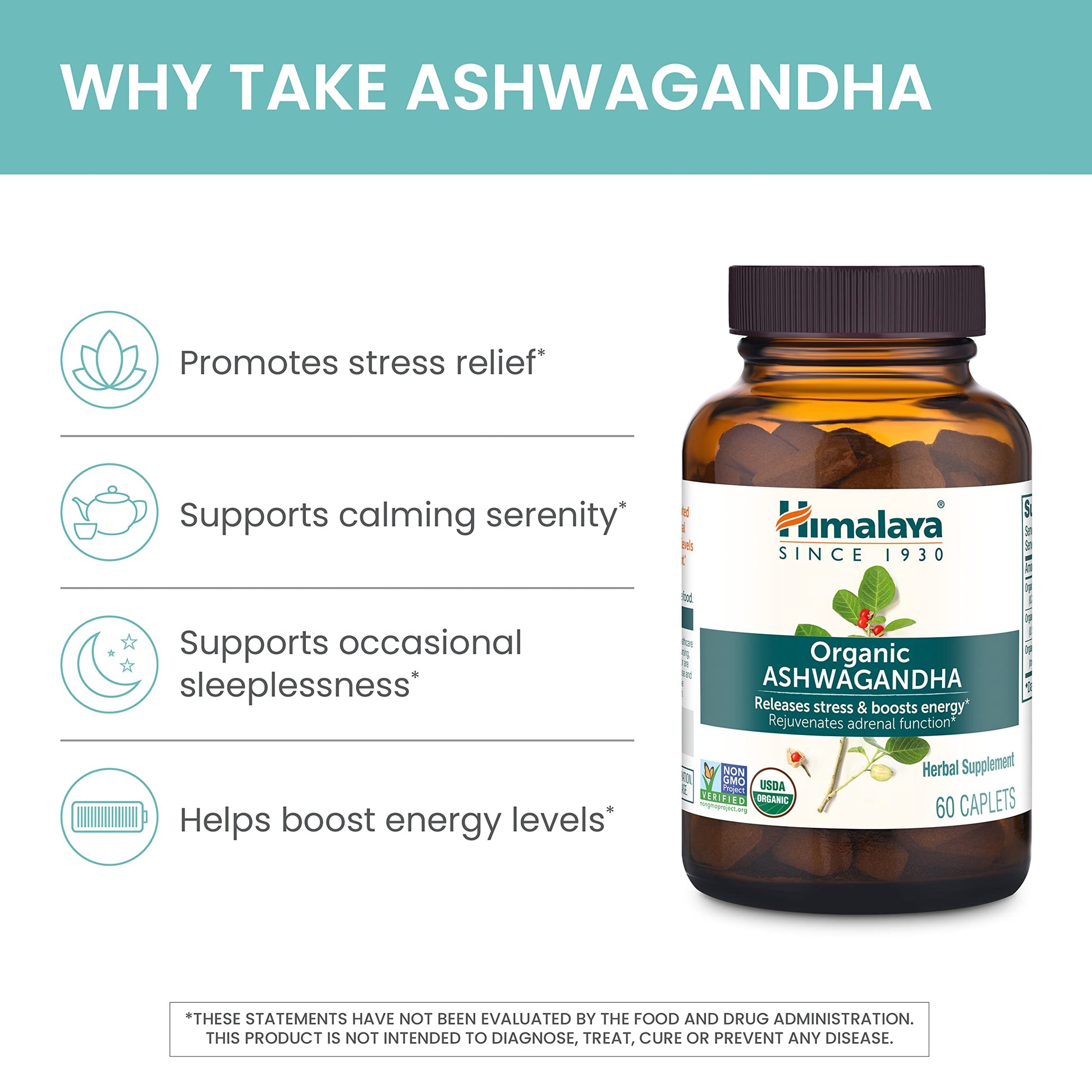 Himalaya Organic Ashwagandha Root, 120 Day Supply - Herbal Adrenal Support Supplements for Stress Relief and Energy Support - USDA Organic, Non-GMO, Vegan, Gluten Free, 60 Caplets, 2 Pack HimalayaAu supplements