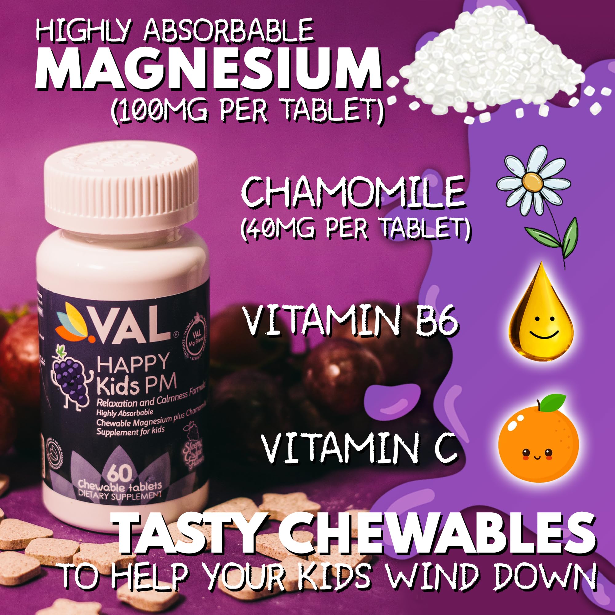 VAL Kids PM Magnesium Gummies | Sugar-Free Chewable Tablets with Chamomile, Magnesium Glycinate + Citrate + Taurate | Vitamin B6 & C | Natural Grape Flavor | Sleep & Calm Support | 60 Ct | Ages 4+ VALAu supplements