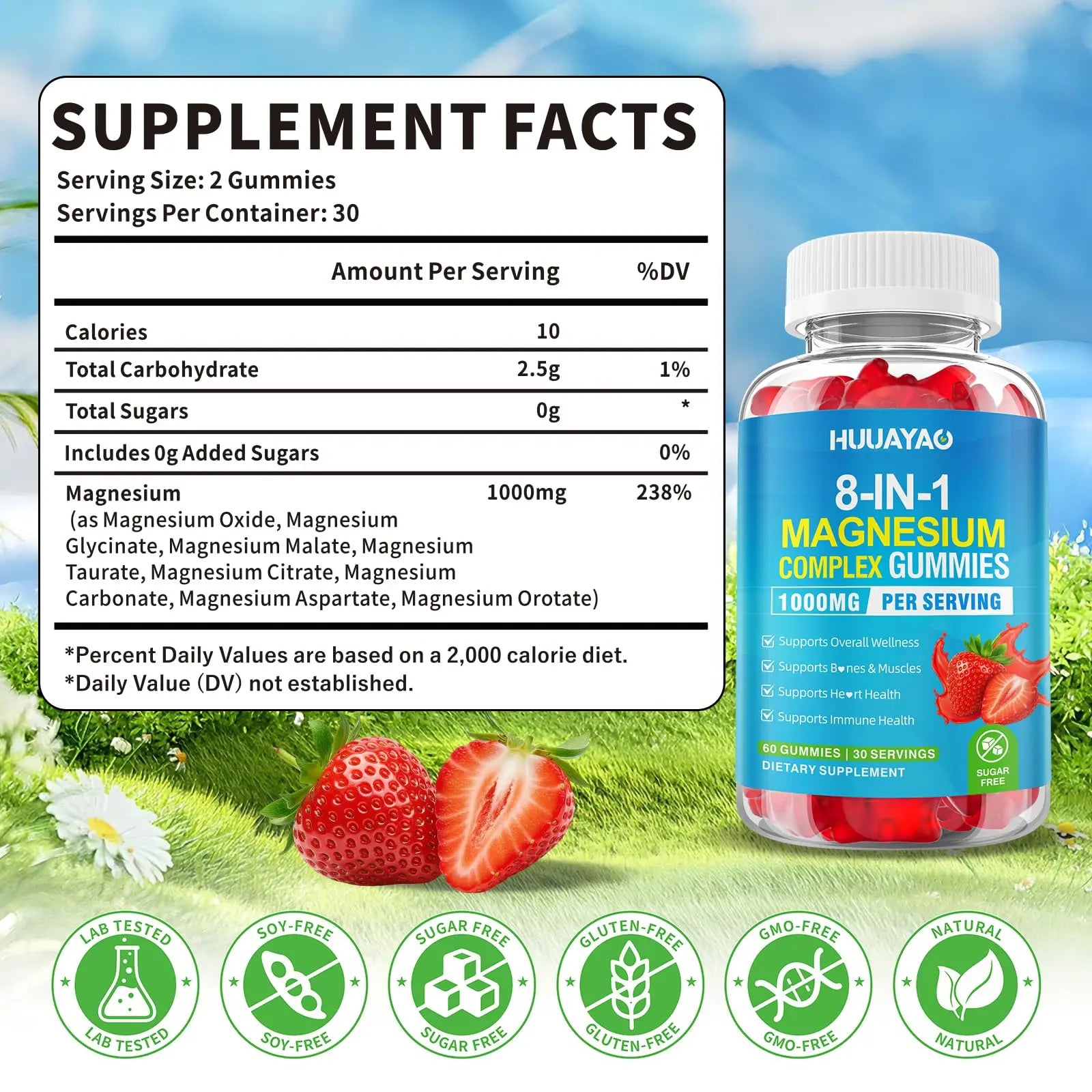 Magnesium Complex Gummies for Women Men 8 in 1, Magnesium Glycinate, Citrate, Malate, Taurate, Supports Bones, Muscle, Nerve Health, Sugar-Free, Vegan Non-GMO, Strawberry Flavor, 120 Count HUUAYAOnz supplements