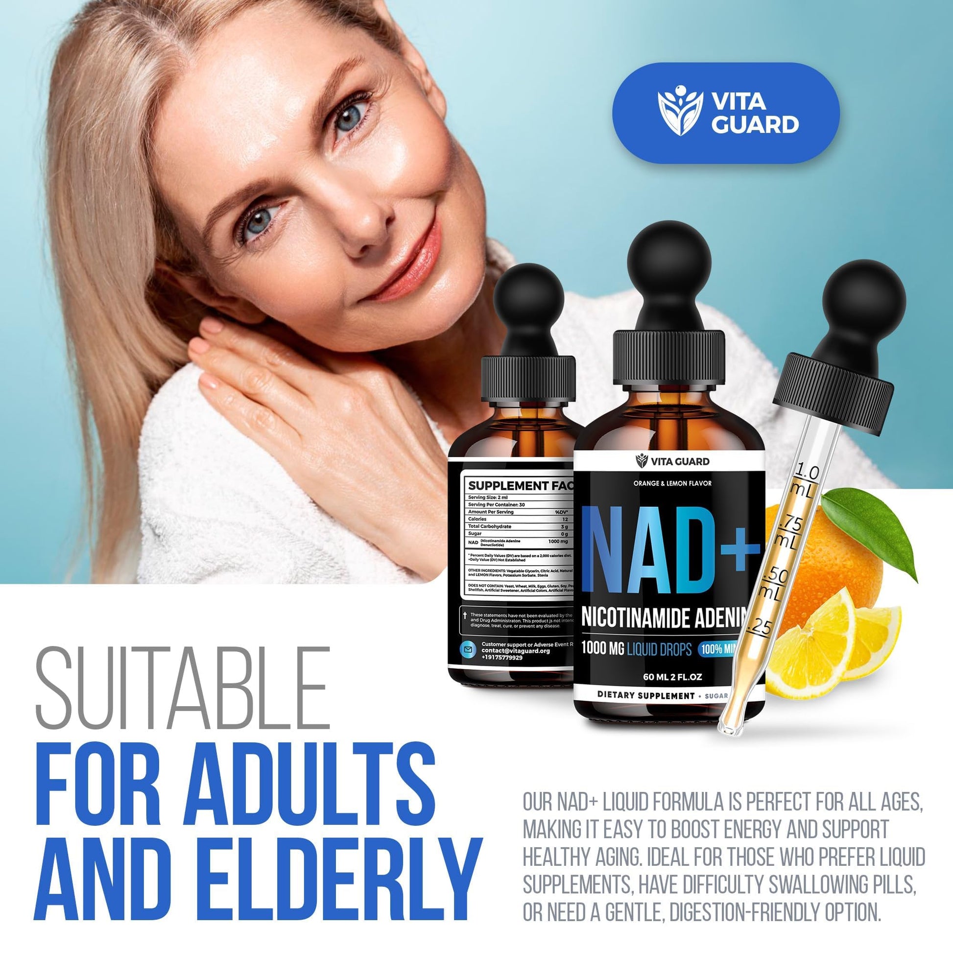 Vita Guard Pure NAD+ Supplements 1000mg Liquid Drops for Women & Man | Nicotinamide Adenine Similar to Nicotinamide Riboside NAD Plus Boosting Supplement - Natural Lemon & Orange Flavor Vita GuardAu supplements