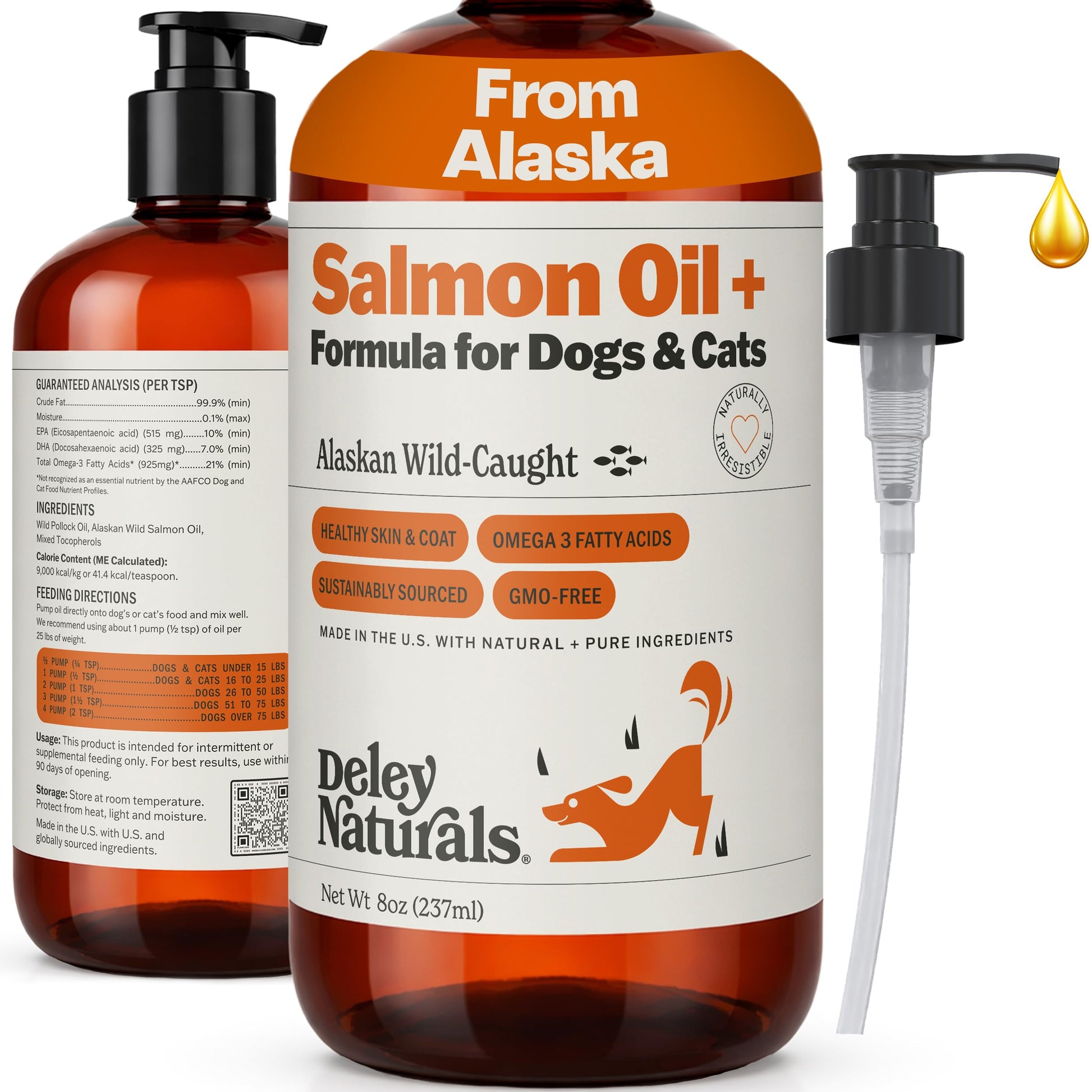 Deley Naturals Wild Alaskan Salmon Oil for Dogs & Cats - New and Improved Salmon Oil Plus Formula - Fish Oil for Dogs with Omega 3, DHA and EPA - Omega 3 for Healthy Skin and Coat - 8oz Made in USA Deley NaturalsAu supplements