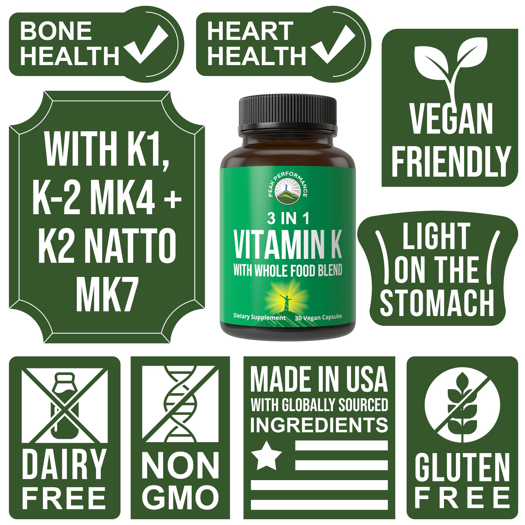 Vitamin K with Whole Food Blend of 25+ Vegetables and Fruits for Max Absorption. Vegan Capsules Supplement. Vitamins K1, K-2 MK4 + K2 Natto MK7. Alternative to Drops, Gummies. VIT K with K 2 and MK-7 Peak PerformanceAu supplements