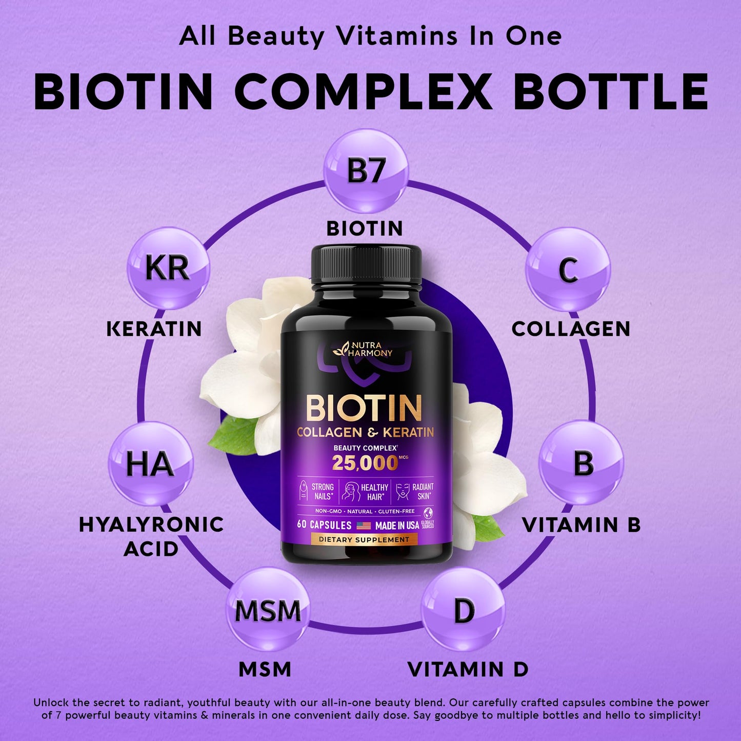 Biotin | Collagen | Keratin | Hyaluronic Acid - Hair Growth Support Pills, 25000 mcg NUTRAHARMONYUS supplements