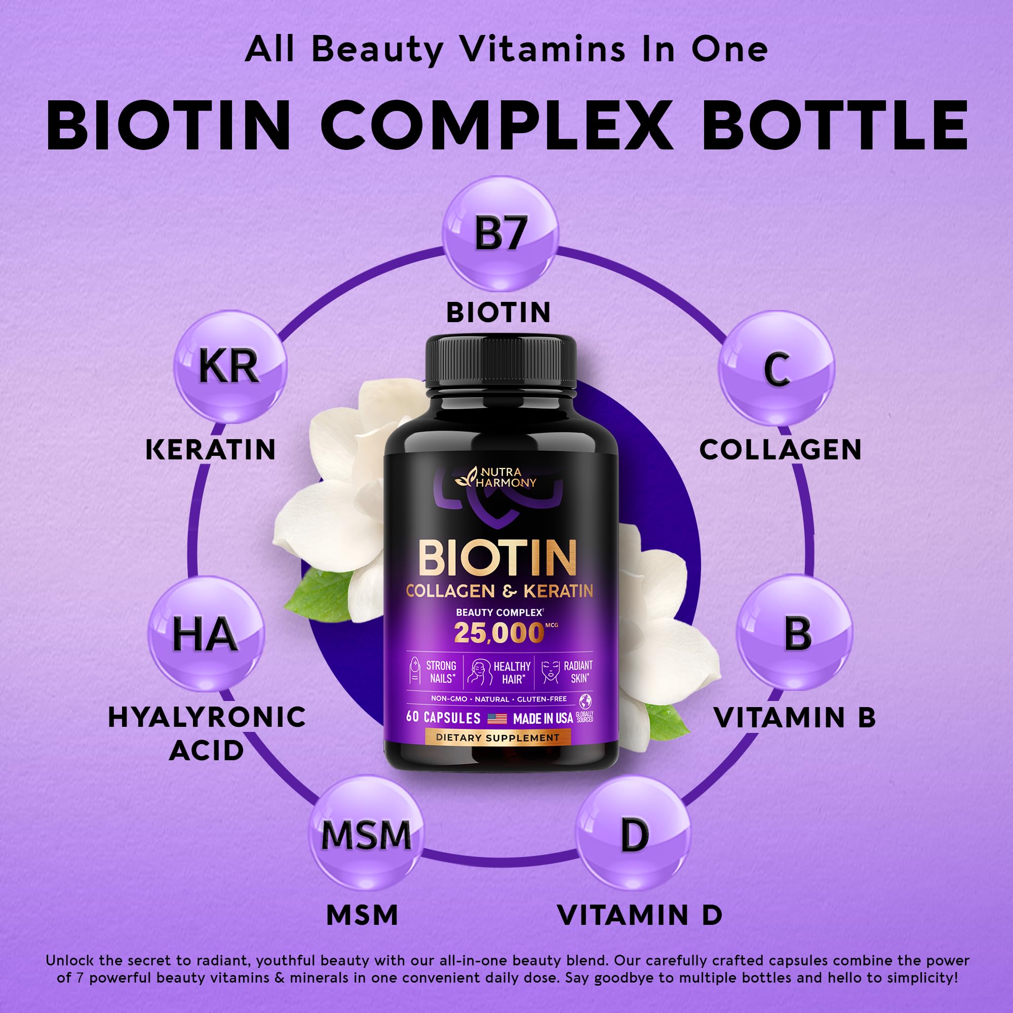 Biotin | Collagen | Keratin | Hyaluronic Acid - Hair Growth Support Pills, 25000 mcg NUTRAHARMONYAu supplements