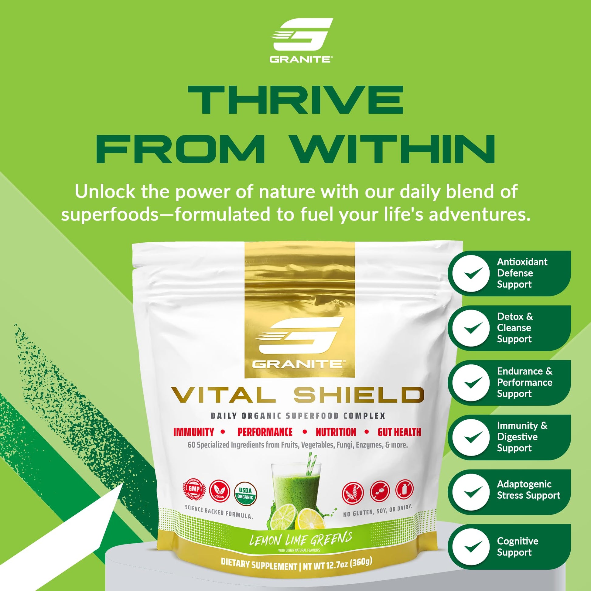 Granite Nutrition Vital Shield - USDA Organic Superfood Greens with Mushrooms & Tart Cherry – Supports Energy, Immune Function & Digestive Health – Lemon Lime Flavor (30 Servings) Granite SupplementsAu supplements