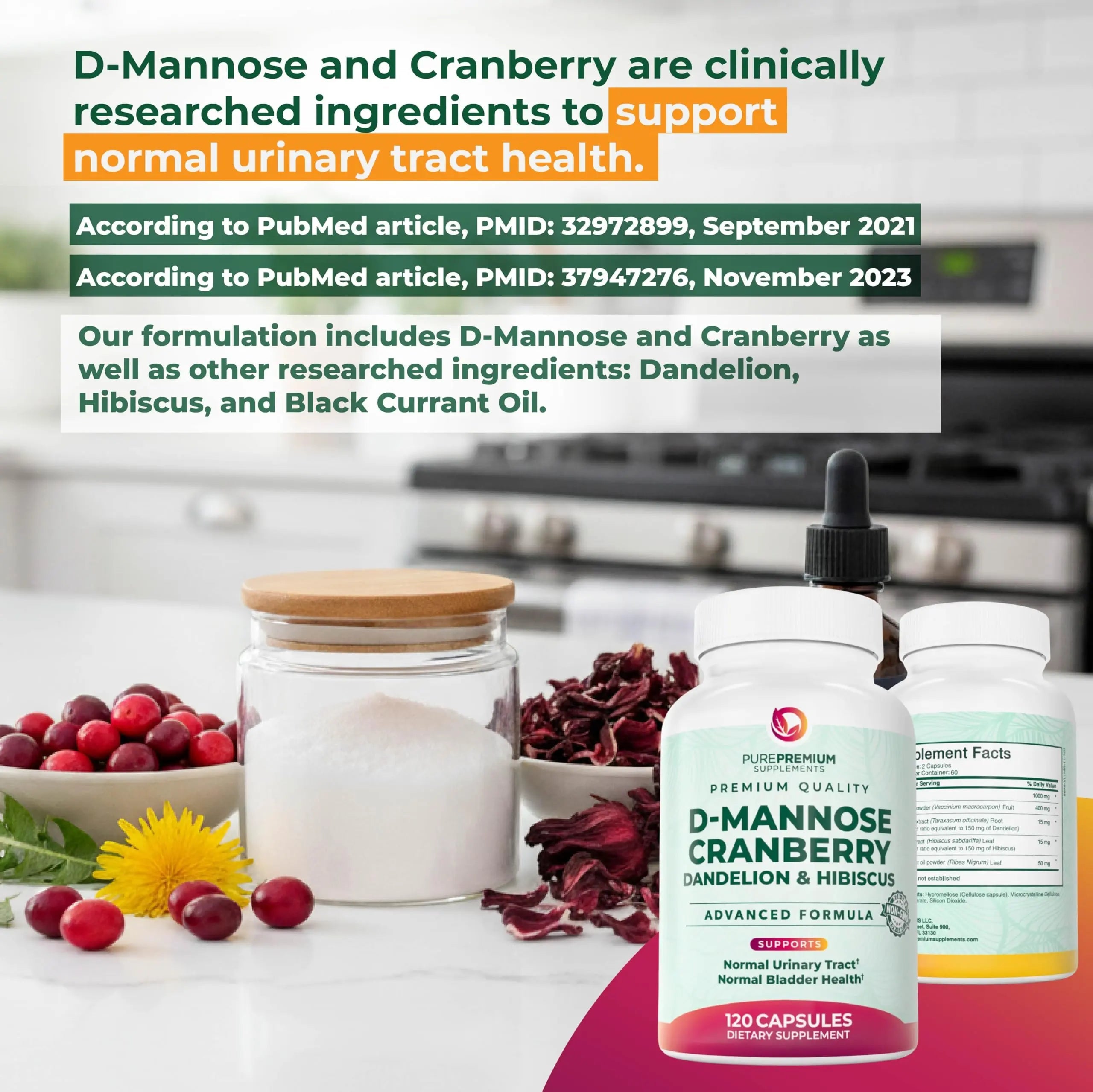 PurePremium D-Mannose with Cranberry, Hibiscus & Dandelion - 1000mg D-Mannose Supplements for Women Supports Urinary Tract Health & Bladder Health - Made in USA, Vegan, 120 Capsules, 2 Month Supply PurePremium SupplementsAu supplements