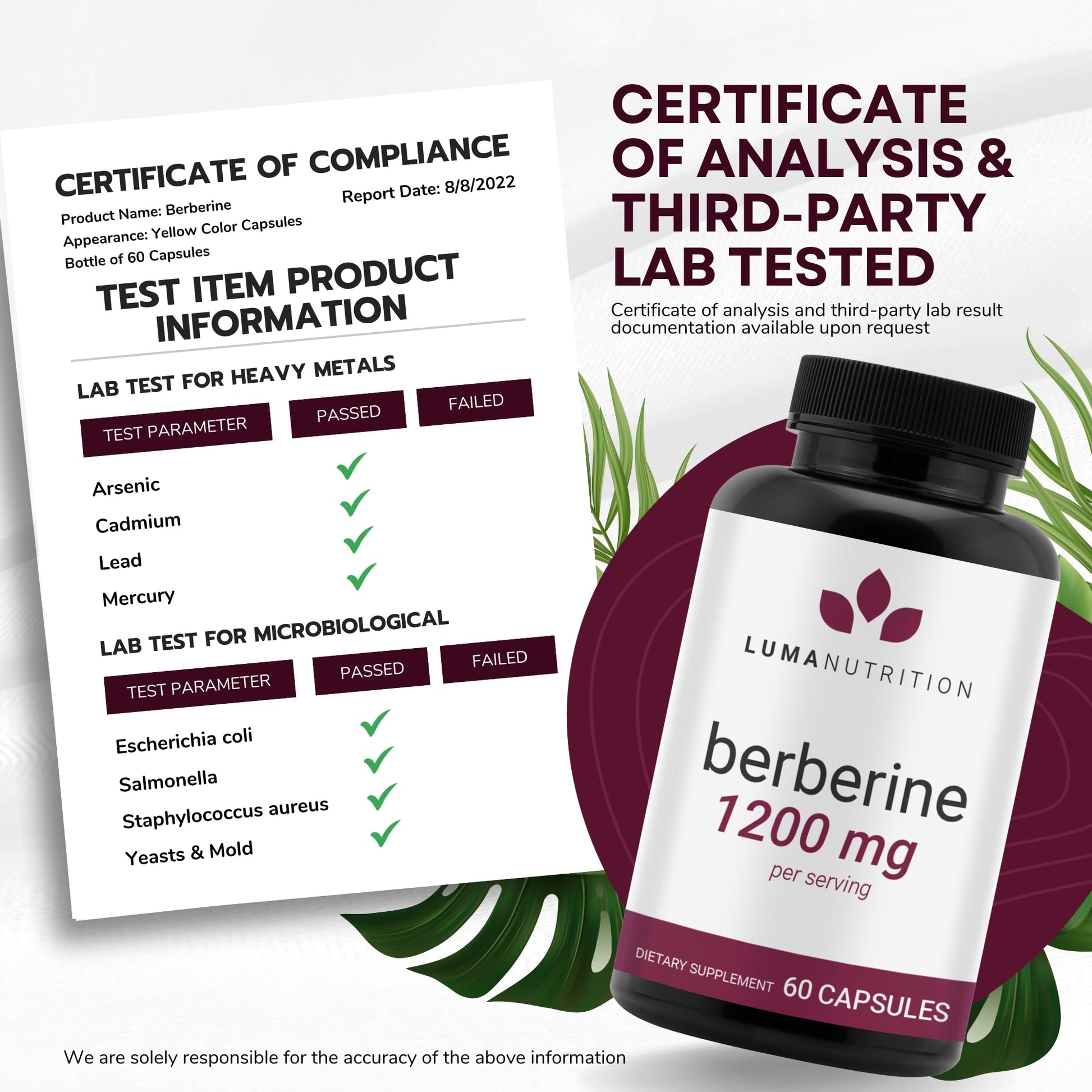 Luma Nutrition Berberine Supplement - Berberine 1200mg Per Serving - Berberine HCI Luma NutritionUS supplements