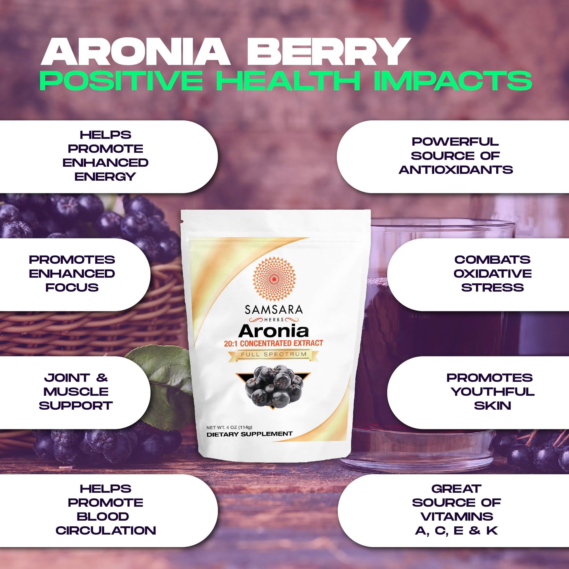 Samsara Herbs Aronia Berry 20:1 Extract Powder (16oz/454g) - Antioxidant, Flavonoids and Polyphenols Supplement - High ORAC - Native American Berry - Improved Wellbeing Samsara HerbsAu supplements