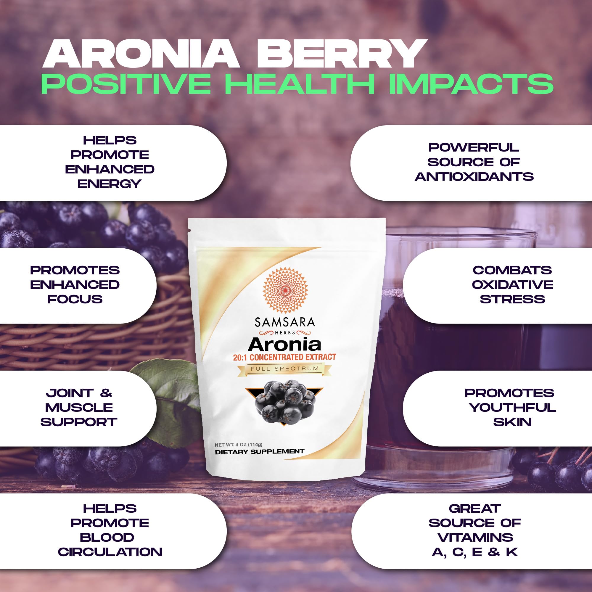 Samsara Herbs Aronia Berry 20:1 Extract Powder (16oz/454g) - Antioxidant, Flavonoids and Polyphenols Supplement - High ORAC - Native American Berry - Improved Wellbeing Samsara HerbsAu supplements