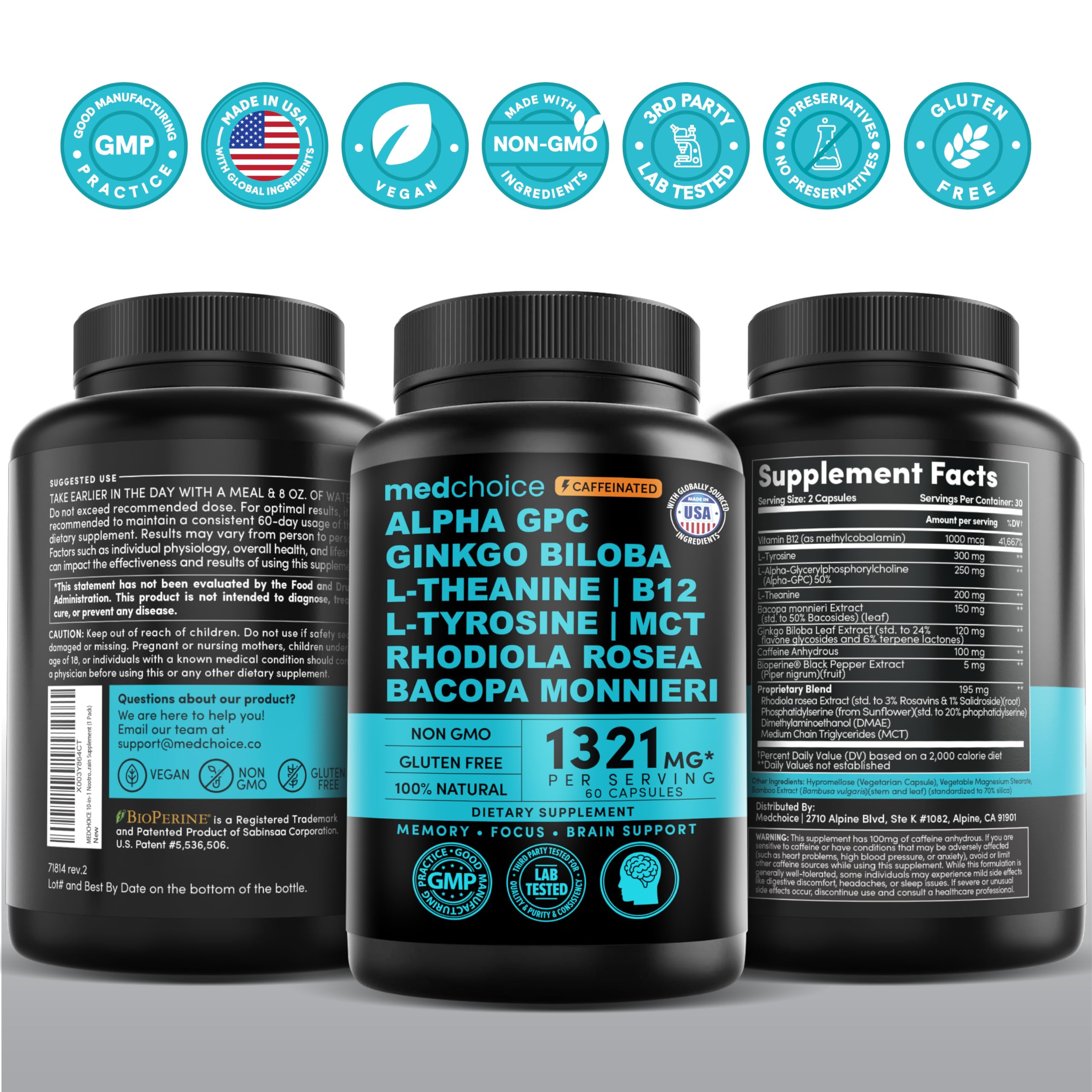 12-in-1 Nootropic Brain Supplement with Caffeine Anhydrous: Ginkgo Biloba for Brain Support, Memory and Focus - B12, Alpha GPC, L Theanine and Choline Supplements with Bioperine with 1321mg (60ct) MEDCHOICEAu supplements