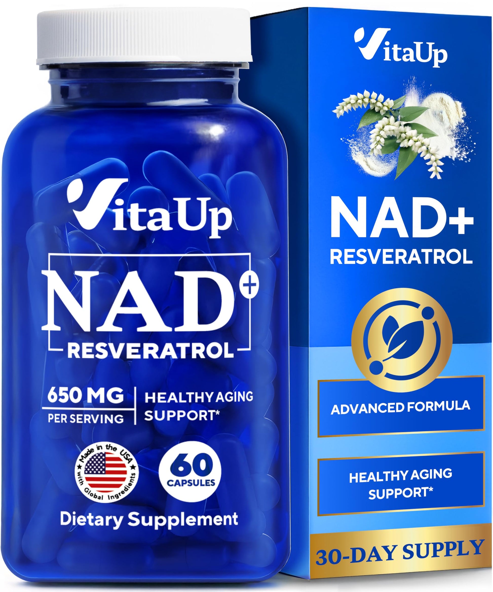 VitaUp NAD+ Resveratrol Supplement - USA Made Trans Resveratrol NAD Supplement 650mg - Nicotinamide Adenine Dinucleotide Capsules for Healthy Aging, Energy & Focus Support - 60 Count VitaUpAu supplements