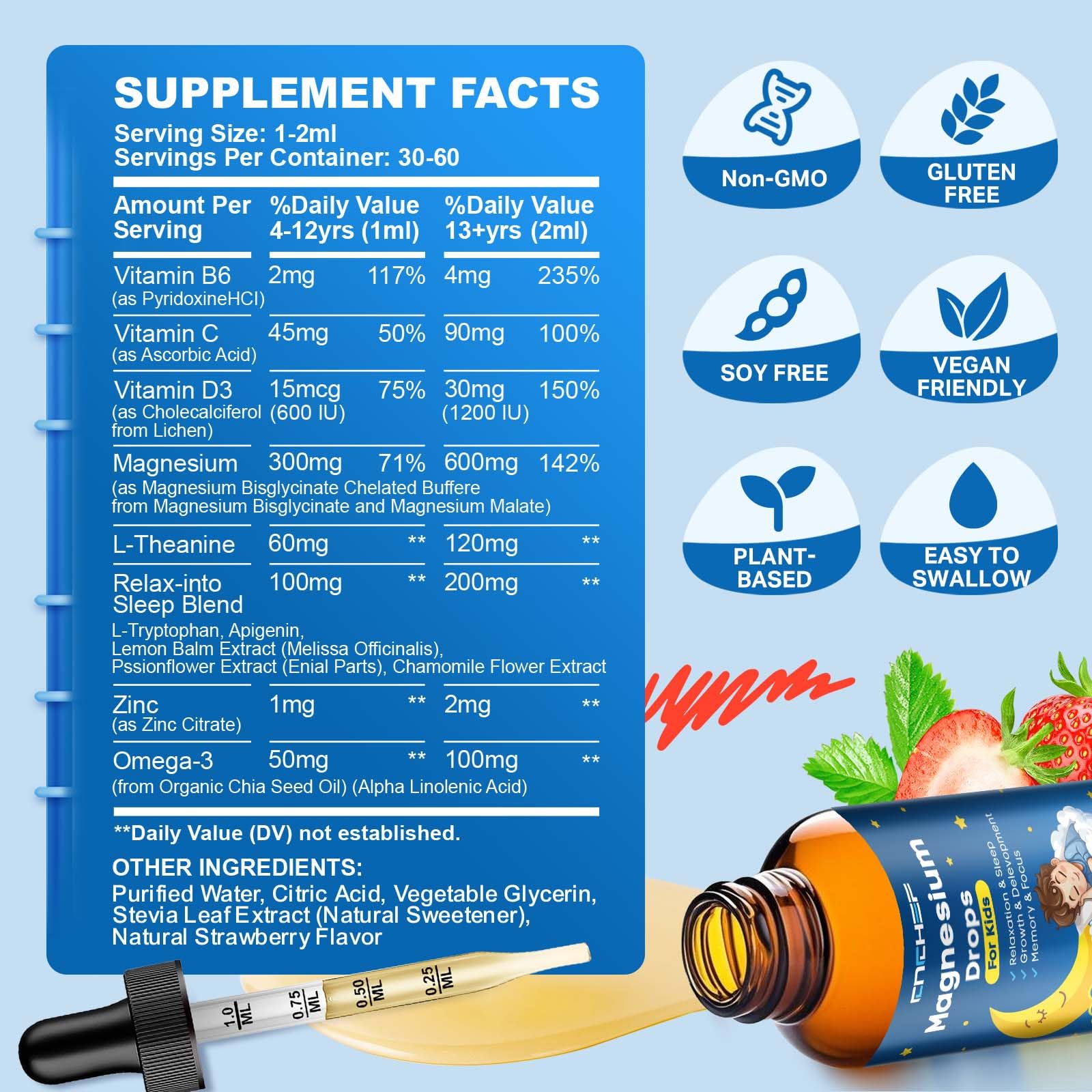 Magnesium Drops - Magnesium Glycinate Liquid Drops for Kids - Calm, Sleep, Relaxation, Bones, Brain Support with Vitamin B6, C, D3, Omega-3, L-Theanine, Zinc, Multivitamins - Strawberry Flavor 2 Fl Oz CNCHEFAu supplements