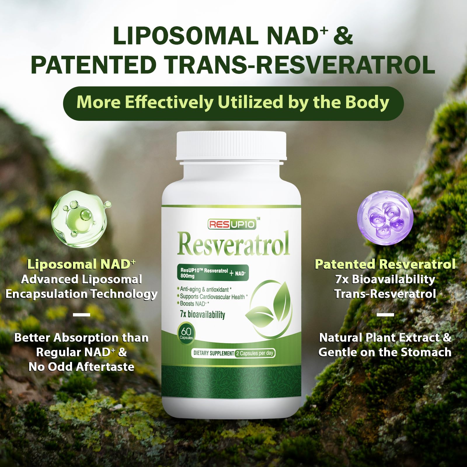 PureBotan Liposomal NAD+ Resveratrol Supplement 1300mg, High Bioavailable Trans Resveratrol ResUP10, with Extra Strength NAD Plus, Support Aging, Cardiovascular Health and Cellular Energy, 60 Capsules PureBotanAu supplements