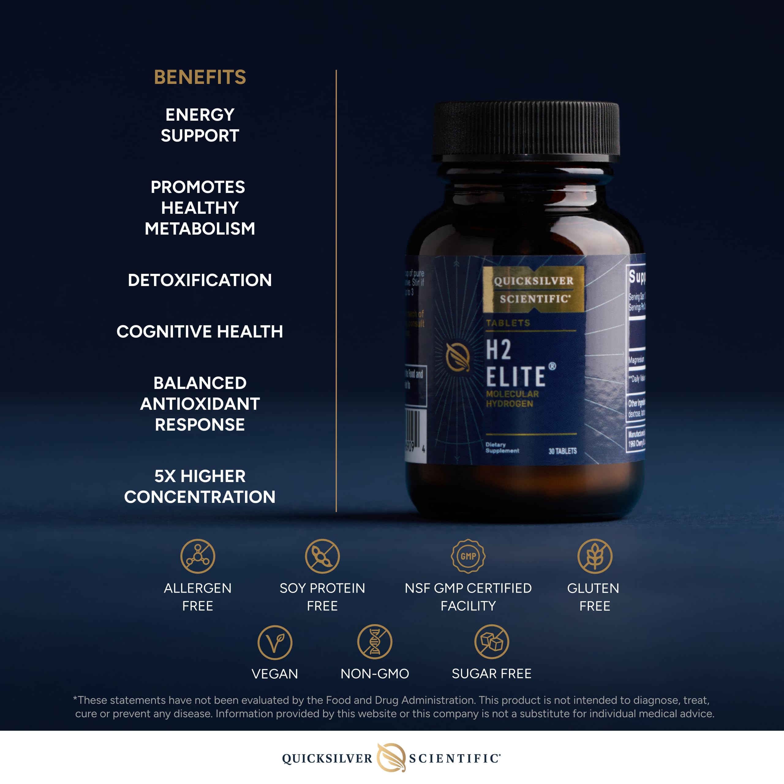 Quicksilver Scientific H2 Elite - Molecular Hydrogen for Energy + Metabolism Support, Water Tablets Perfect for Open Containers - Magnesium Malate Drink Additive (30 Molecular Hydrogen Tablets) Quicksilver ScientificUS supplements