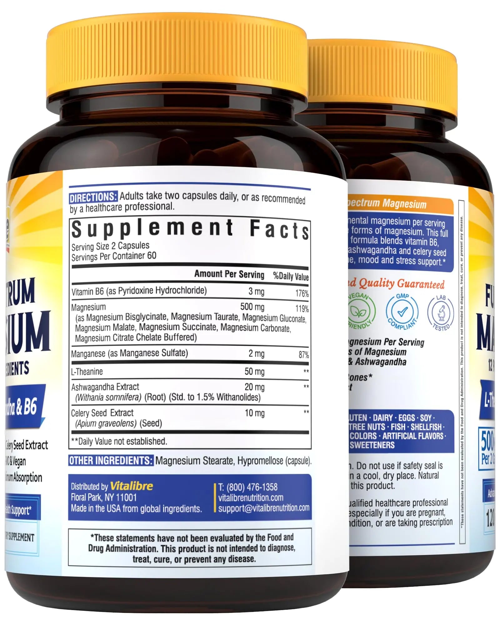 Vitalibre Magnesium Complex Supplement 500mg + Ashwagandha, L-Theanine, Vitamin B6 & Celery, High Absorption Magnesium Glycinate, Citrate, Malate, Sleep & Bone Support, 120 Vegan Capsules Vitalibrenz supplements