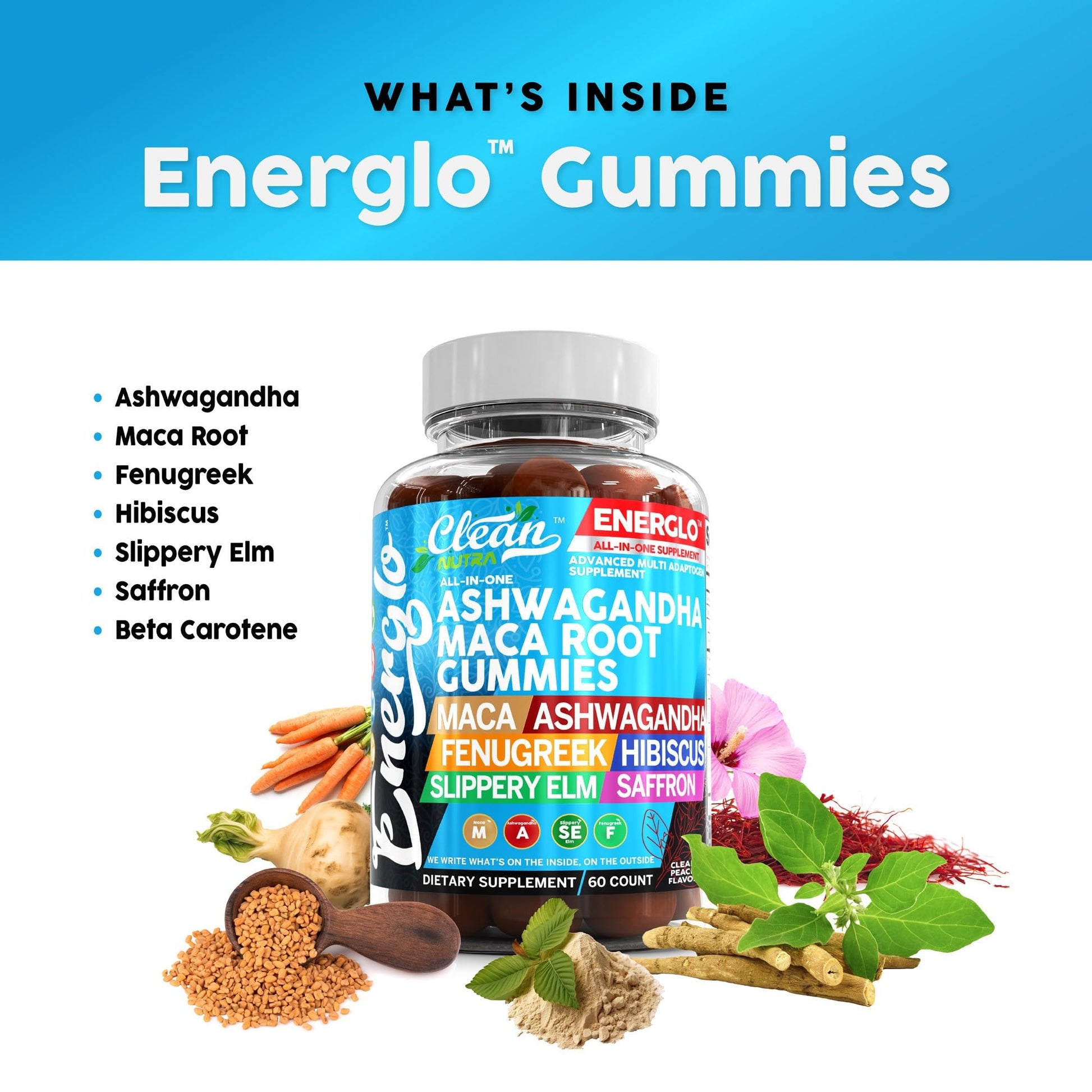 Ashwagandha Maca Root Gummies with Fenugreek Hibiscus Slippery Elm Saffron Extract & Beta Carotene | Peach Flavor Vegan Gummy Vitamins Adaptogen Cortisol Supplement Energlo by Clean Nutra Clean NutraceuticalsAu supplements