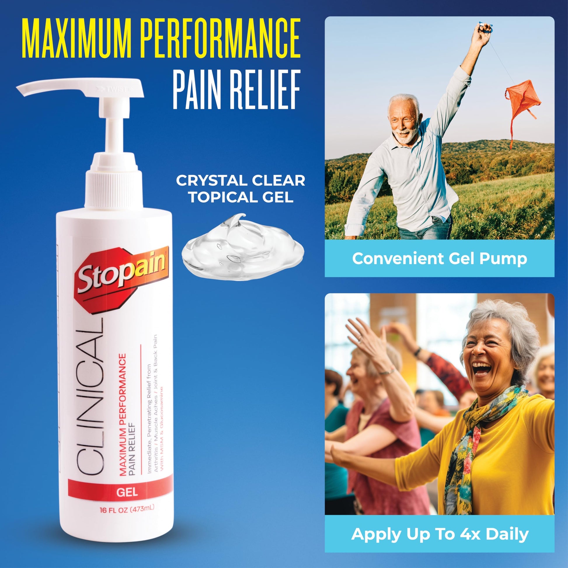 Stopain Clinical Pain Relief Gel 16 oz - Professional Formula for Arthritis, Knee, Back & Muscle Pain - Maximum Strength Gel for Joint & Nerve Pains with 10% Menthol Plus Glucosamine - Made in USA StopainAu supplements