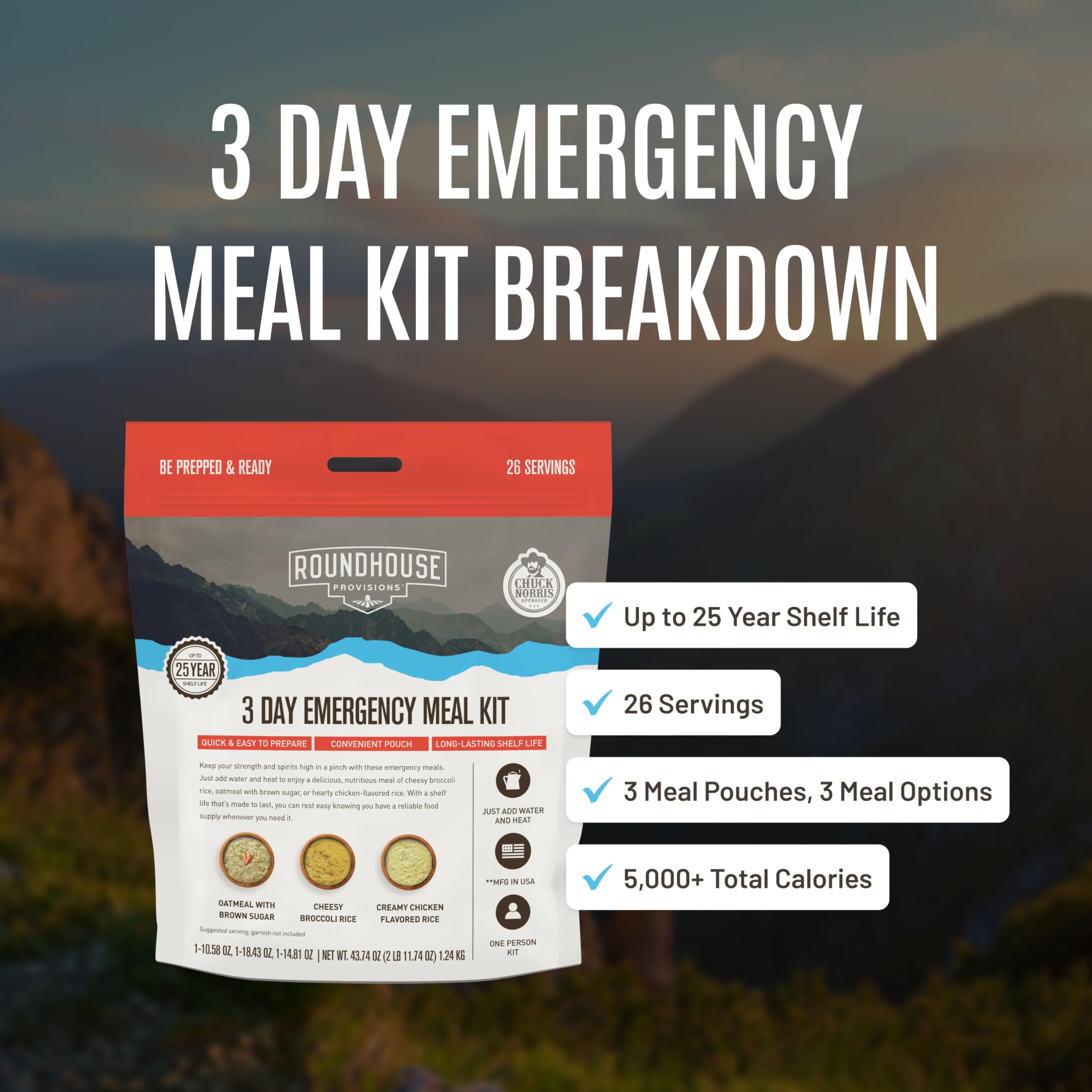 by Chuck Norris Roundhouse Provisions 3 Day, 26 servings Emergency Meal Kit, Grab-and-Go, Premade, Disaster Prep, Hiking, Survival, Adventure, Camping Food, 25 Year Shelf Life. ROUNDHOUSE PROVISIONAu supplements