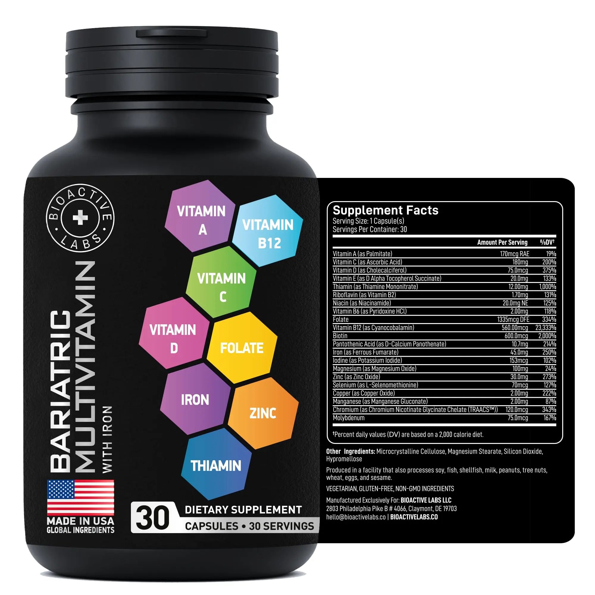 Bariatric Multivitamin with Iron 45mg for Women & Men - 21-in-1 Essential Post Gastric Bypass and Gastric Sleeve Vitamins A,C,D,E, B Complex BIOACTIVE LABSAu supplements