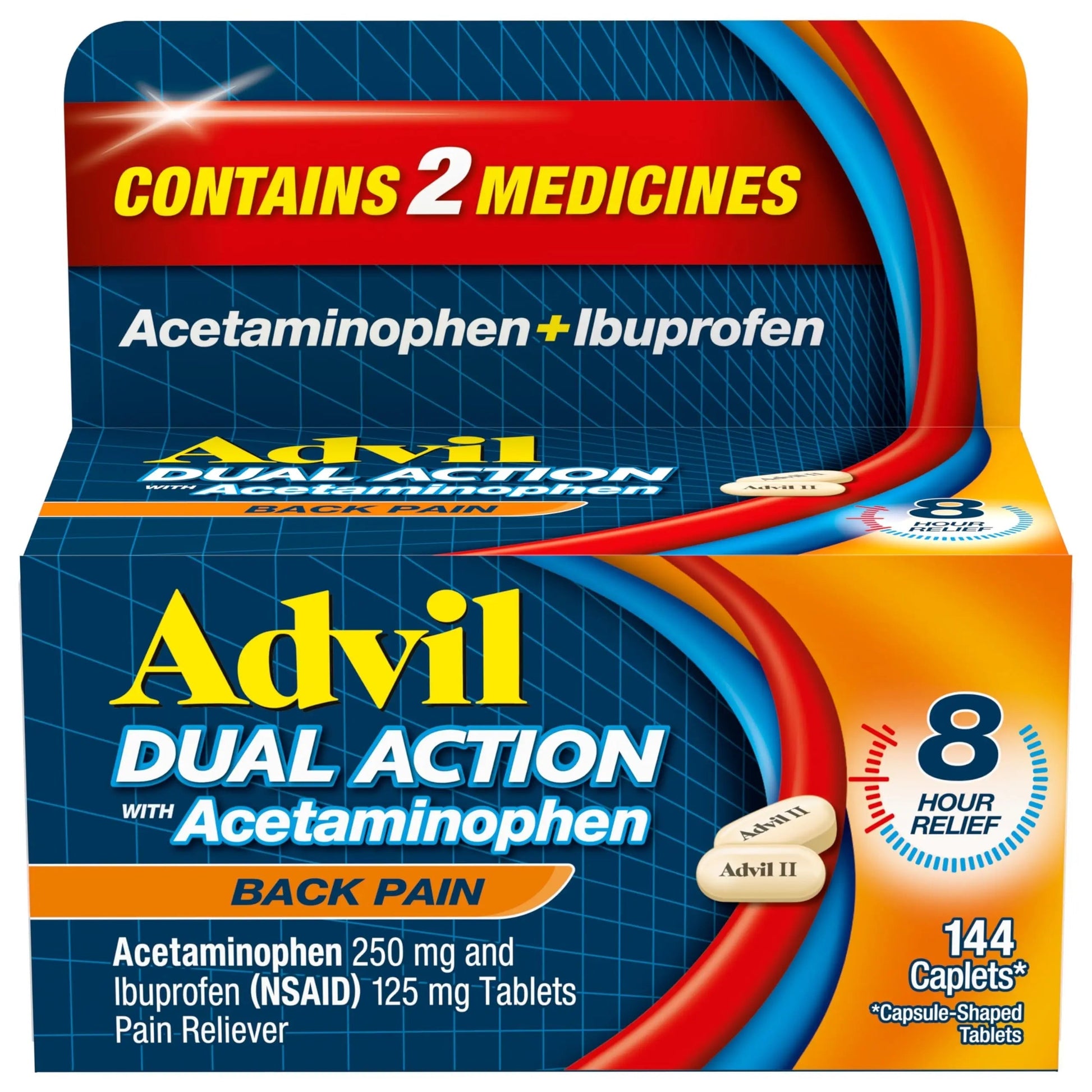 Advil Dual Action Back Pain Caplets Delivers 125mg Ibuprofen and 250mg Acetaminophen Per Dose for 8 Hours of Back Pain Relief - 144 Count AdvilAu supplements