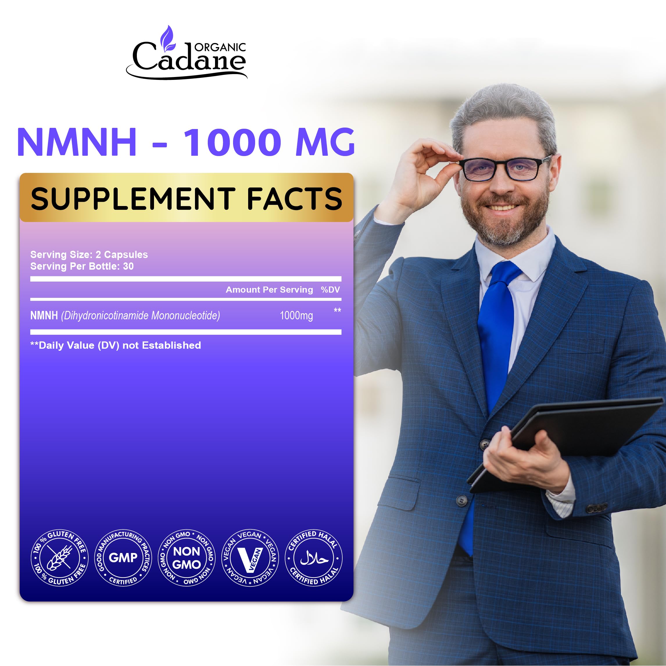 Cadane NMNH Supplement | Support Energy & Healthy Aging | Dihydronicotinamide Mononucleotide | Non-GMO – 60 Capsules – 30-Day Organic CadaneAu supplements