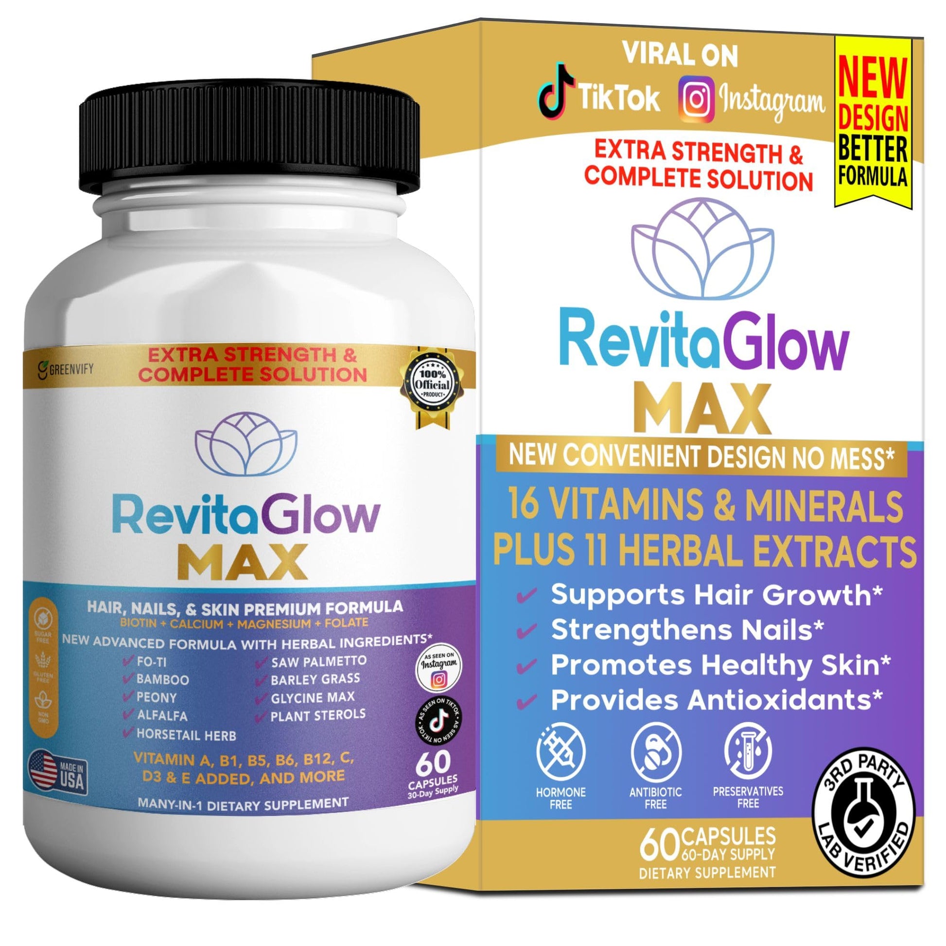 GREENVIFY RevitaGlow Max Hair, Nails & Skin Premium Formula, 60 Capsules, 30-Day Supply, with Biotin, Vitamins A, B1, B5, B6, B12, C, D3, E (1) GREENVIFYAu supplements