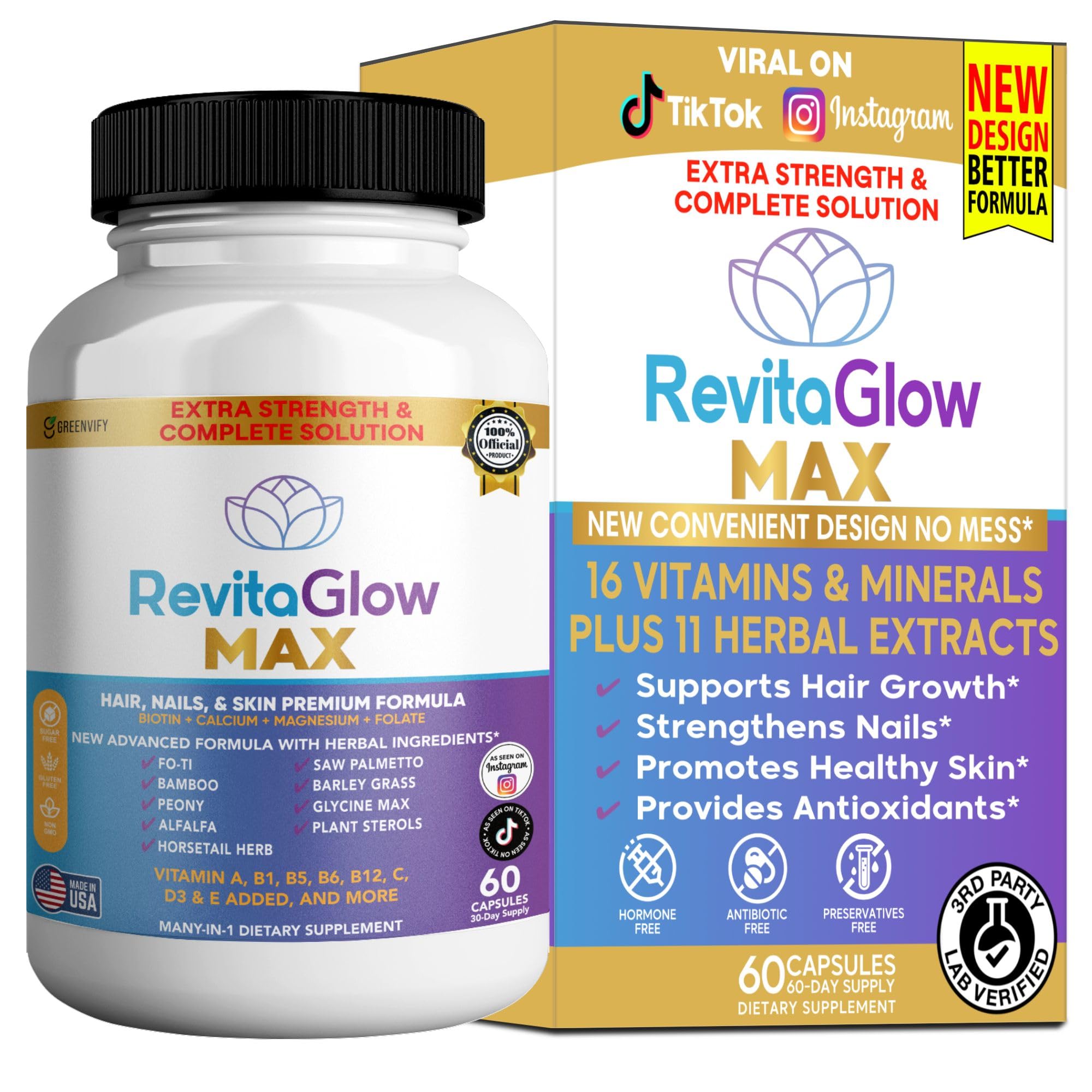 GREENVIFY RevitaGlow Max Hair, Nails & Skin Premium Formula, 60 Capsules, 30-Day Supply, with Biotin, Vitamins A, B1, B5, B6, B12, C, D3, E (1) GREENVIFYAu supplements