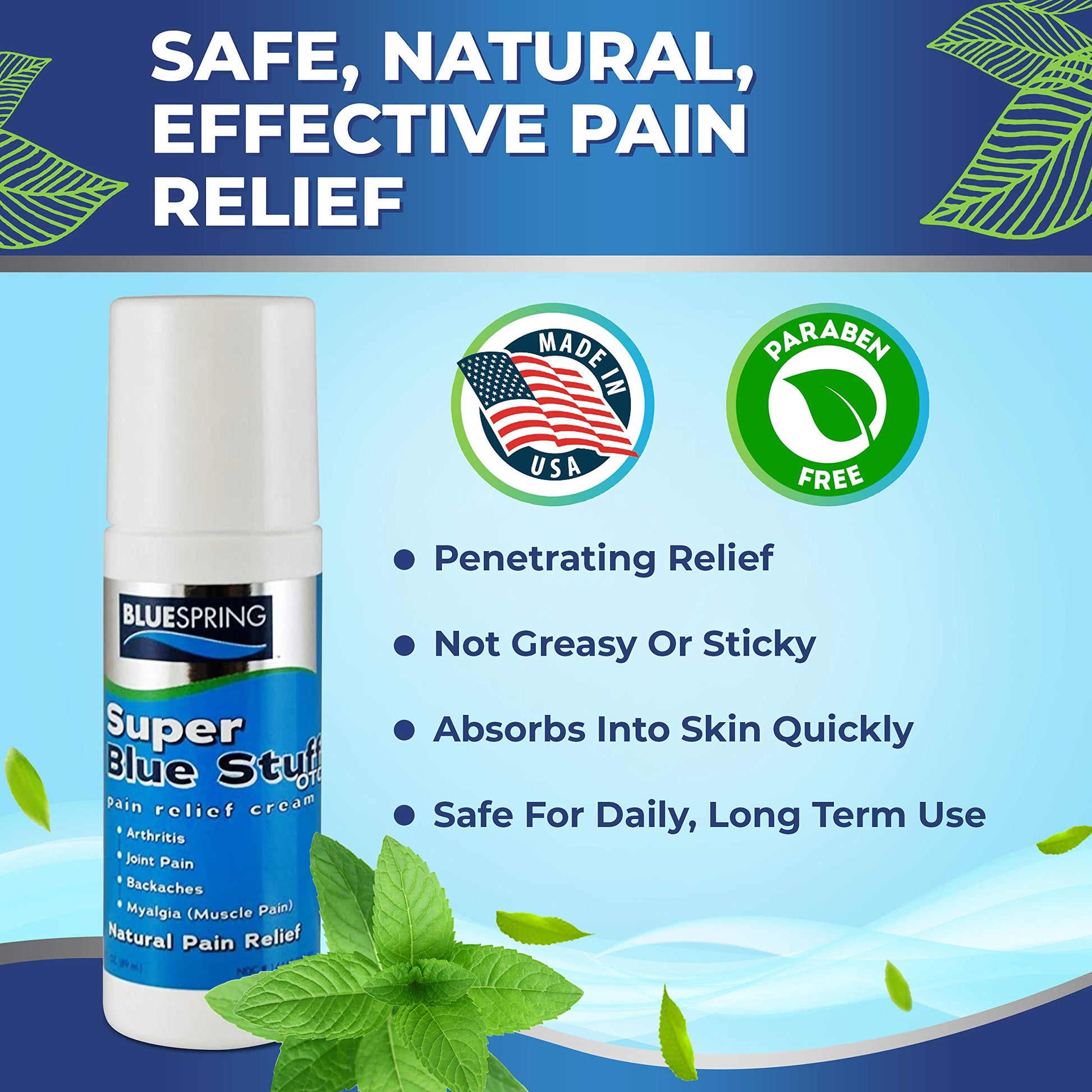 Super Blue Stuff Natural Pain Relief roll on with Emu Oil by BlueSpring- Pain relief rub Anti Inflammatory Analgesic Cream for Back, Knee, Joint, Muscle, Arthritis, and neck Pain Relief- 3 Oz roll-on. Emu TherapyAu supplements
