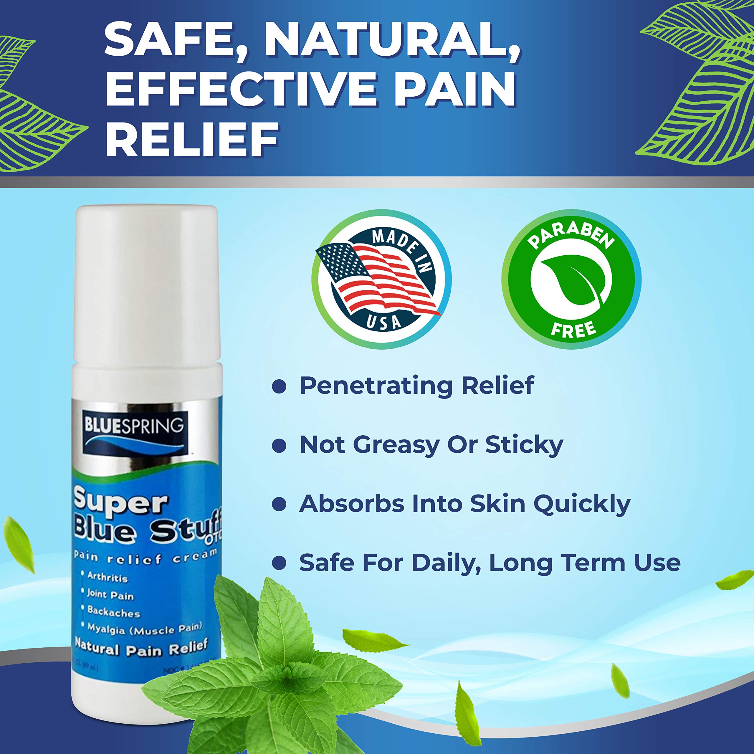 Super Blue Stuff Natural Pain Relief roll on with Emu Oil by BlueSpring- Pain relief rub Anti Inflammatory Analgesic Cream for Back, Knee, Joint, Muscle, Arthritis, and neck Pain Relief- 3 Oz roll-on. Emu TherapyAu supplements